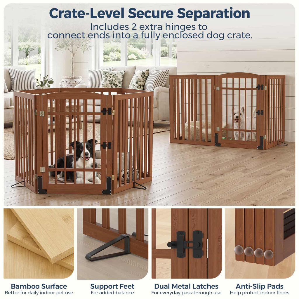 Dog Gate Indoor, 142" W x 30" H Extra Wide Foldable Bamboo Pet Gate with Door, No Assembly Freestanding Dog Fence with 2 Support Feet & 360°Hinges for Doorways Hallways (6 Panels)