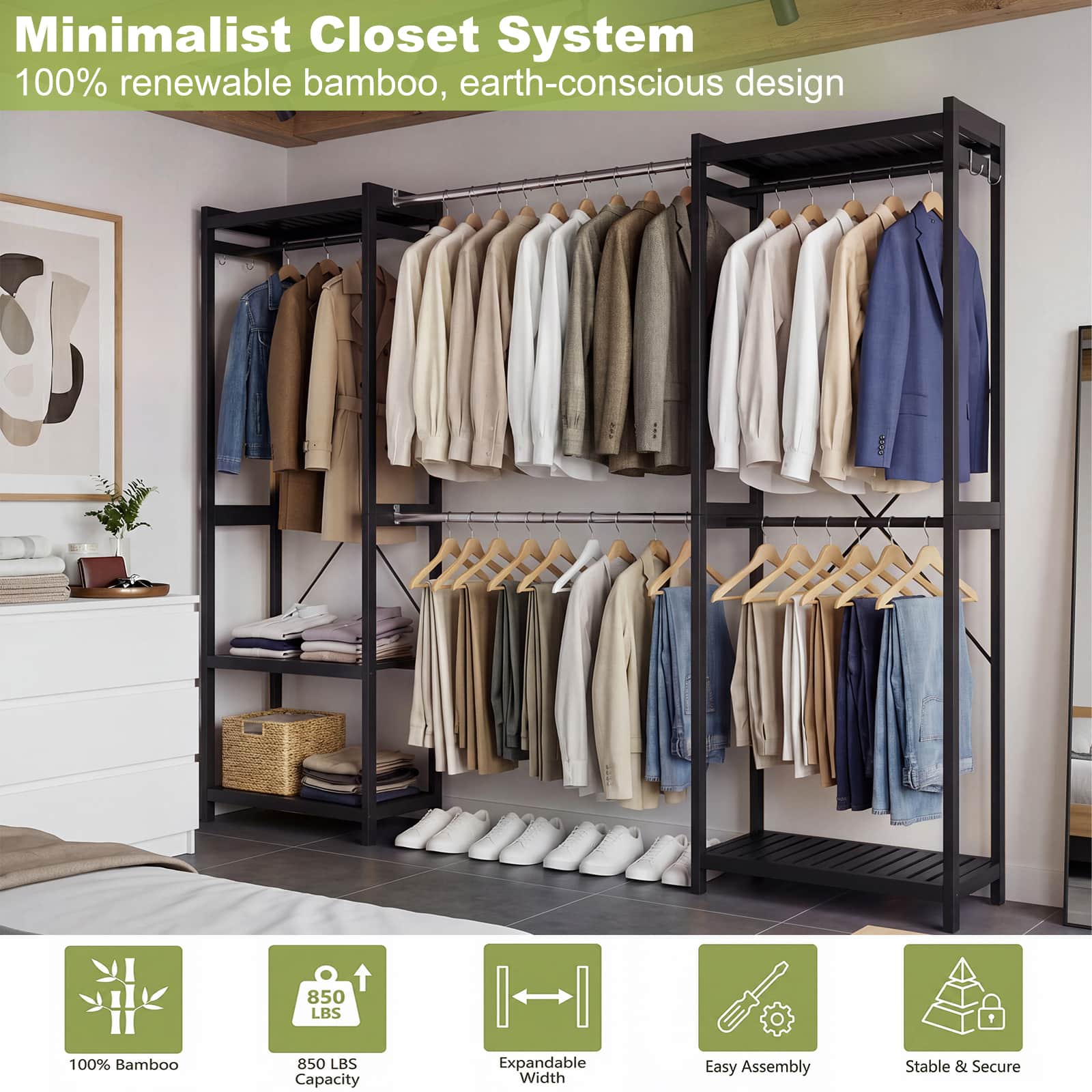Bamboo Closet System, 71"-91" Expandable Clothing Rack