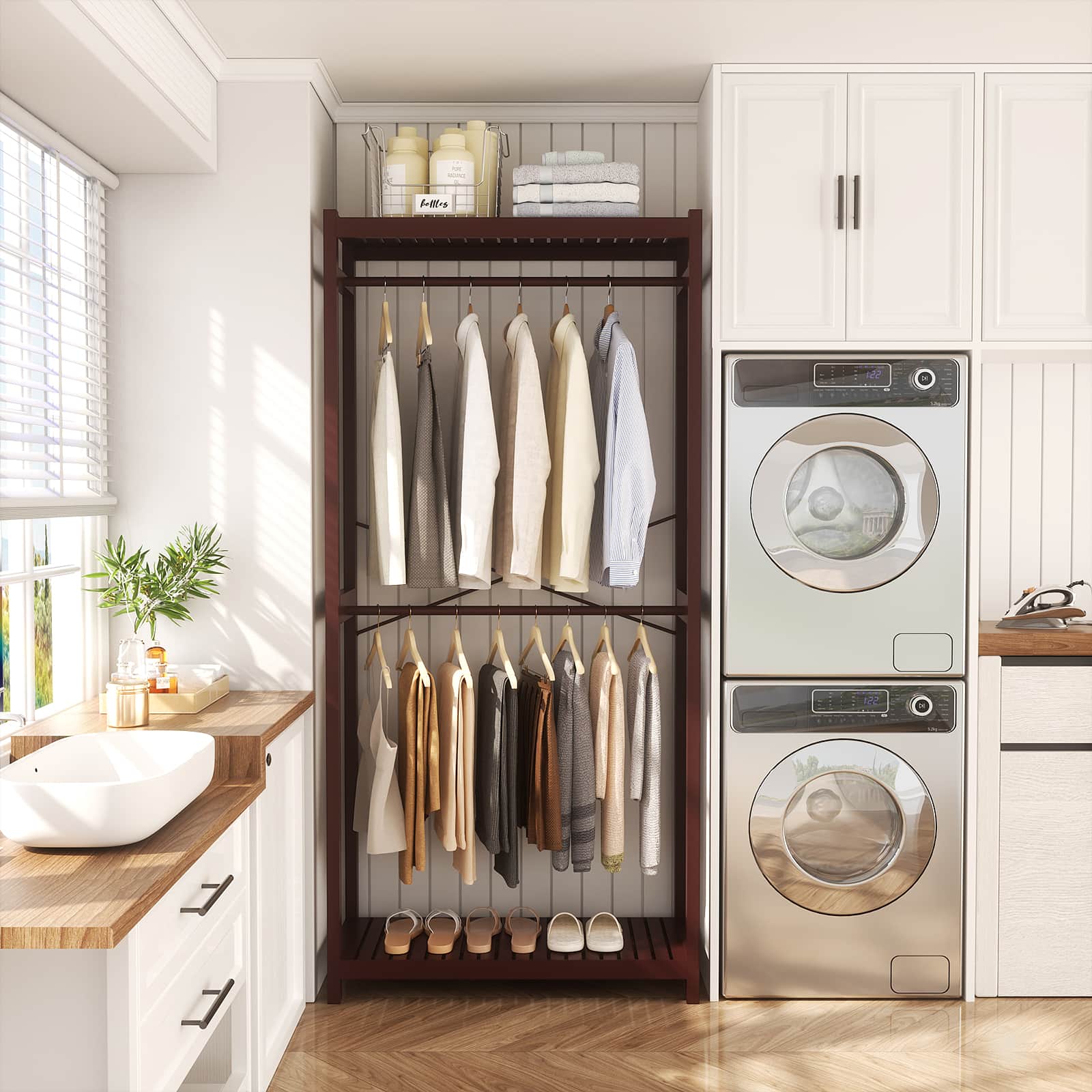 Bamboo Clothes Rack with Shelves and Double Hang Rods, Portable Closet System Garment Rack for Hanging Clothes, Tall Clothing Rack Corner Closet Organizer, Easy to Built, Freestanding