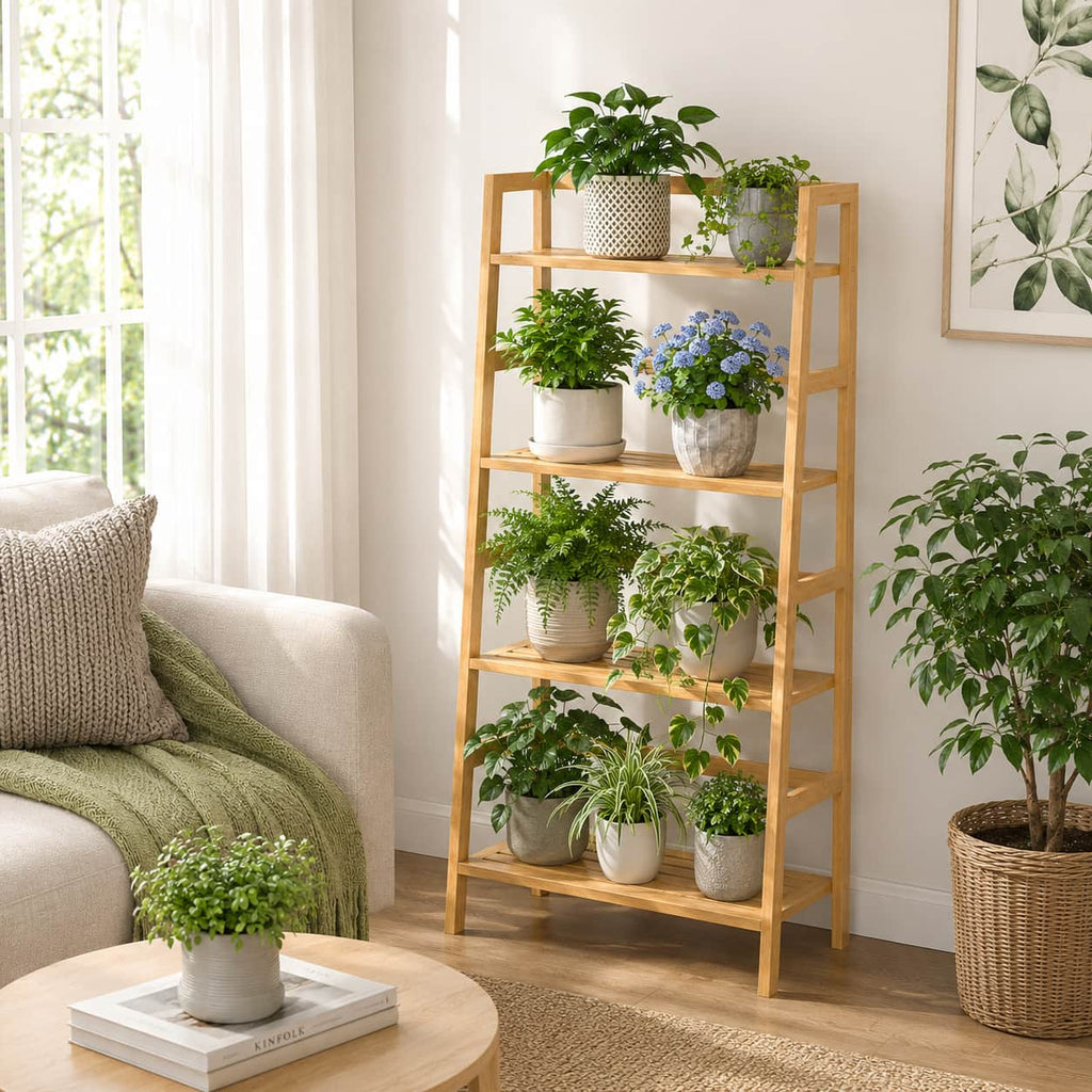 Bamboo Ladder Shelf, 4-Tier Wooden Ladder Bookshelf & Bookcase Organizer