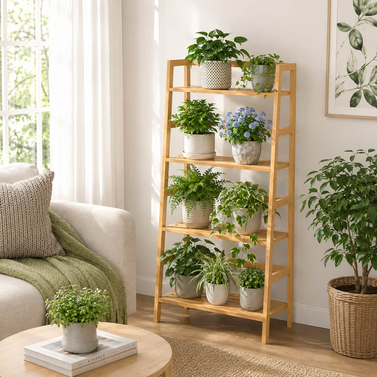 Bamboo Ladder Shelf, 4-Tier Wooden Ladder Bookshelf & Bookcase Organizer