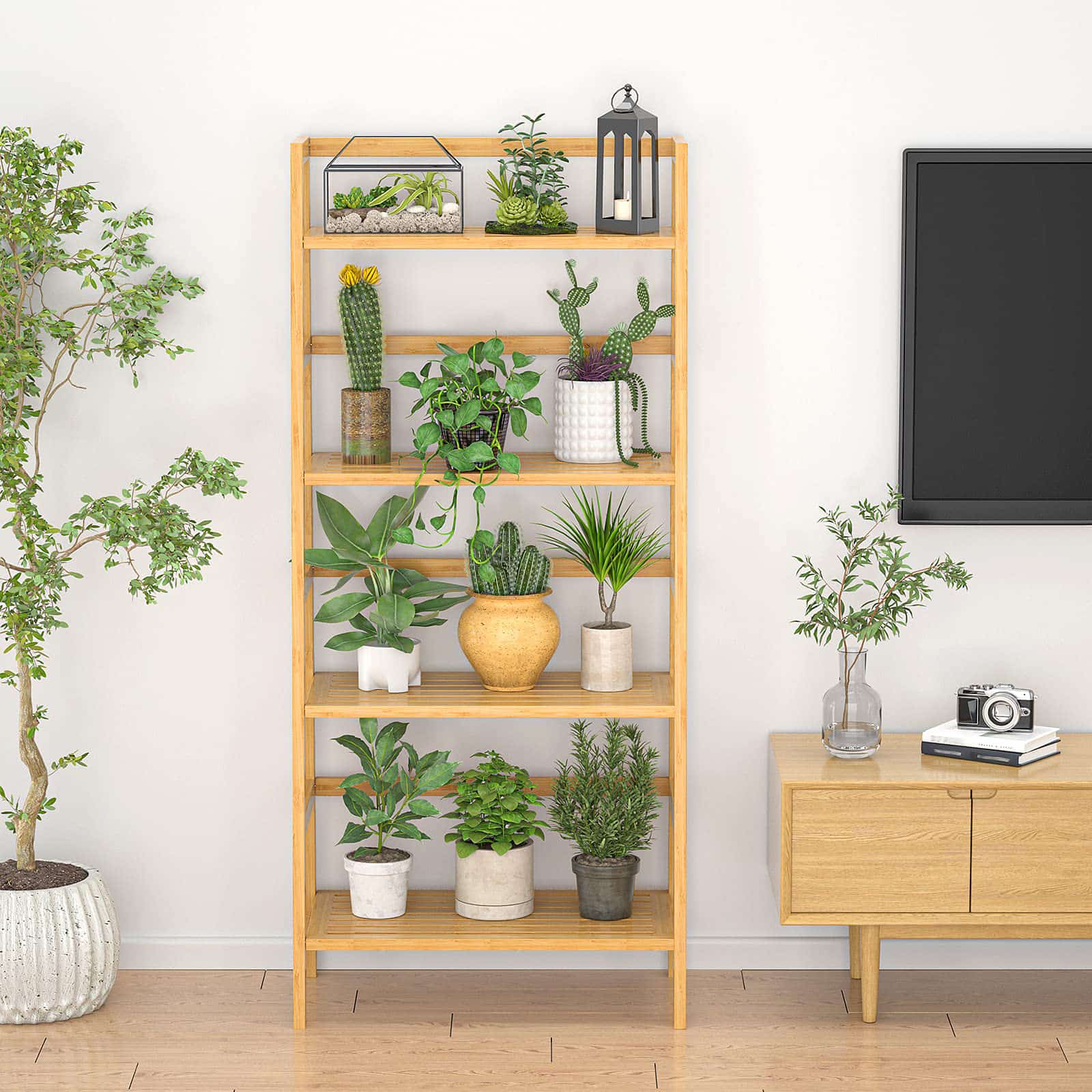 4-Tier Bamboo Ladder Bookshelf Small Bookcase, 49” Tall Open Display Shelves