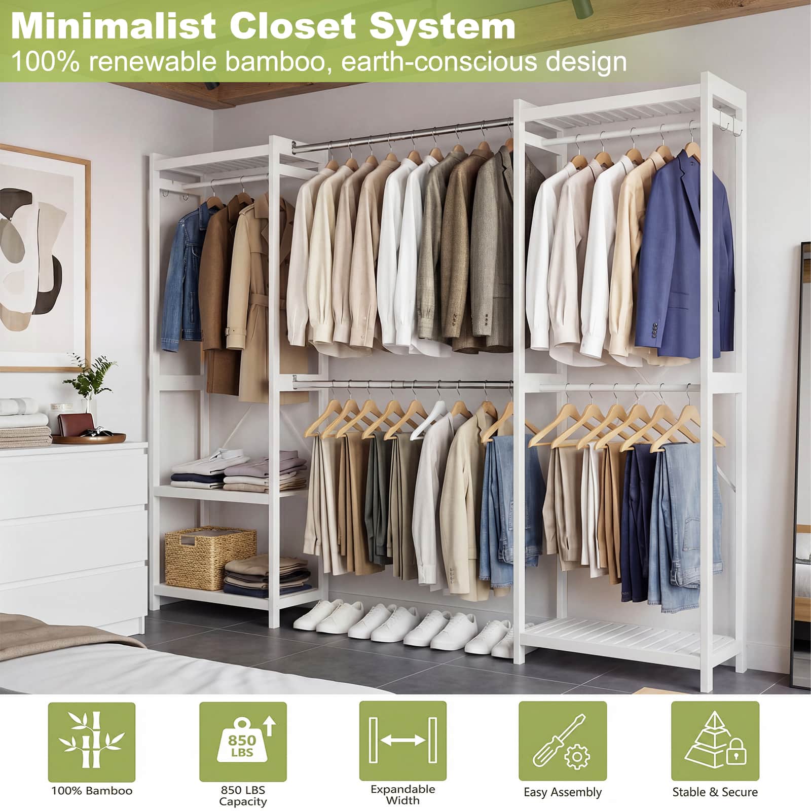 Bamboo Closet System, 71"-91" Expandable Clothing Rack