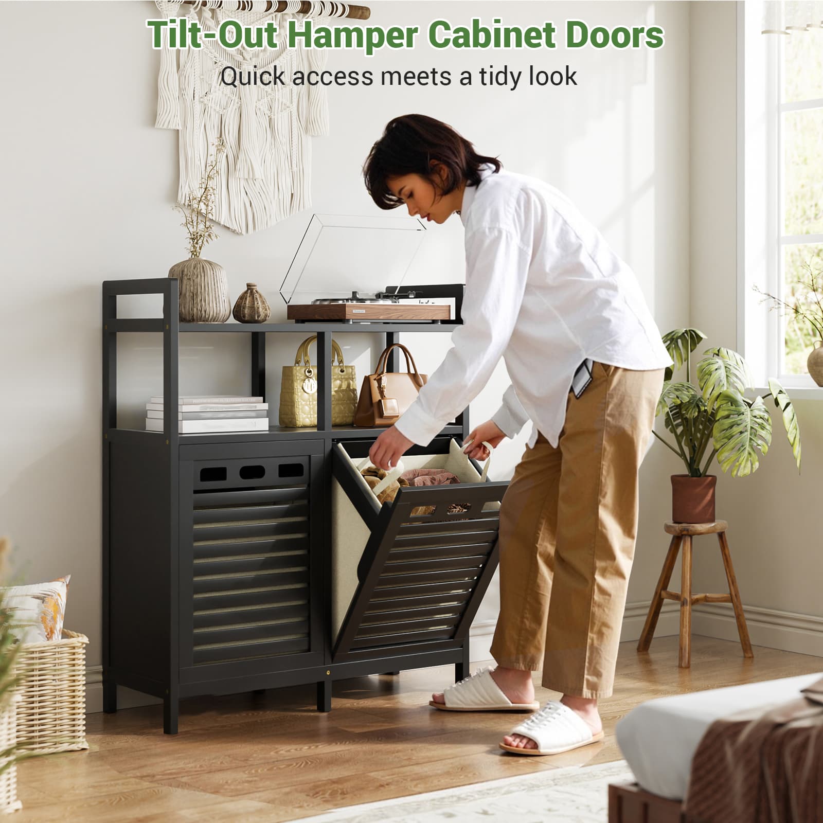 Tilt Out Laundry Hamper Cabinet, Bamboo Double Laundry Hamper