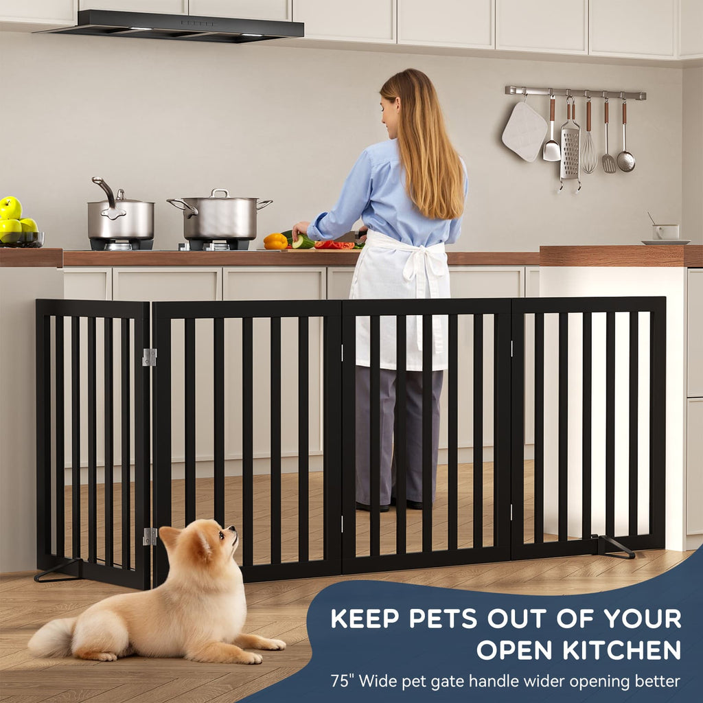 Bamboo Freestanding Dog Gate, No Assembly Pet Gate Indoor, 24”H x 75”W Extra Wide Foldable Puppy Barrier Fence with Support Feet for the House, Doorways Stairs, 4 Panels, No Drilling