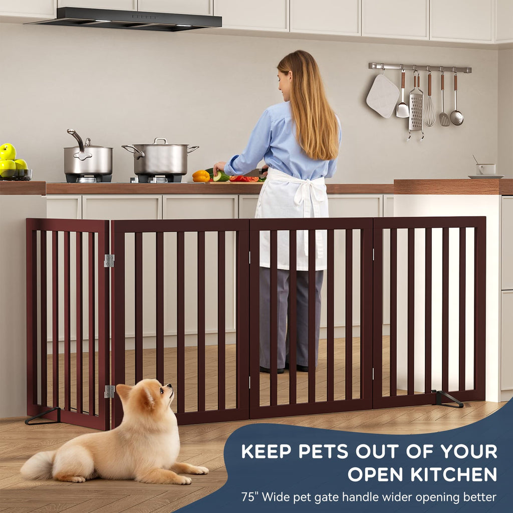 Bamboo Freestanding Dog Gate, No Assembly Pet Gate Indoor, 24”H x 75”W Extra Wide Foldable Puppy Barrier Fence with Support Feet for the House, Doorways Stairs, 4 Panels, No Drilling