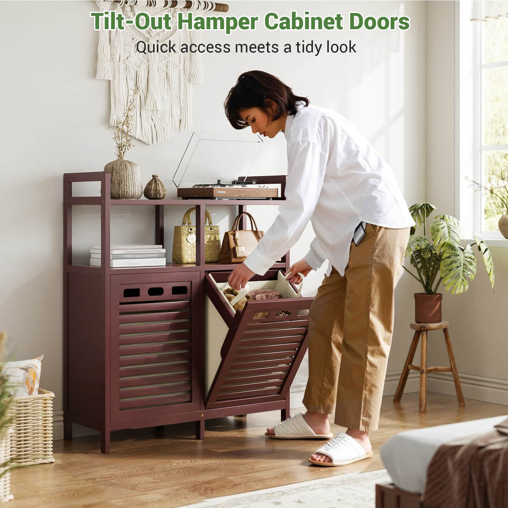 Tilt Out Laundry Hamper Cabinet, Bamboo Double Laundry Hamper