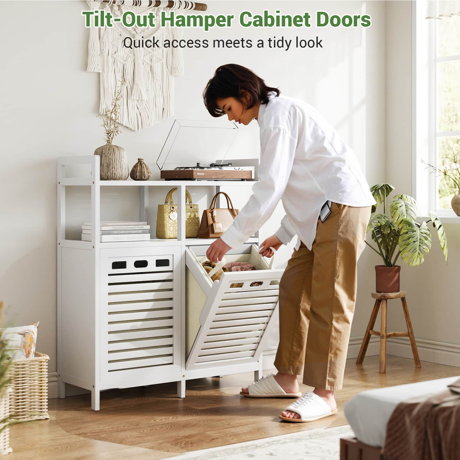 Tilt Out Laundry Hamper Cabinet, Bamboo Double Laundry Hamper