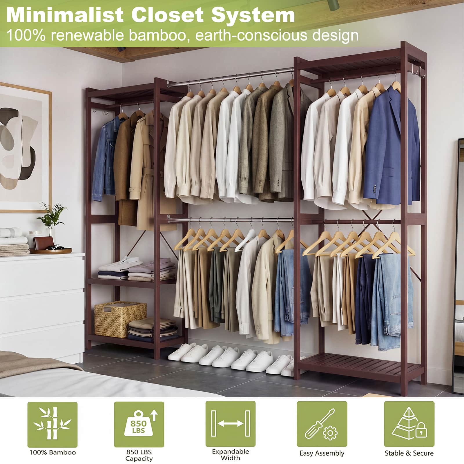 Bamboo Closet System, 71"-91" Expandable Clothing Rack