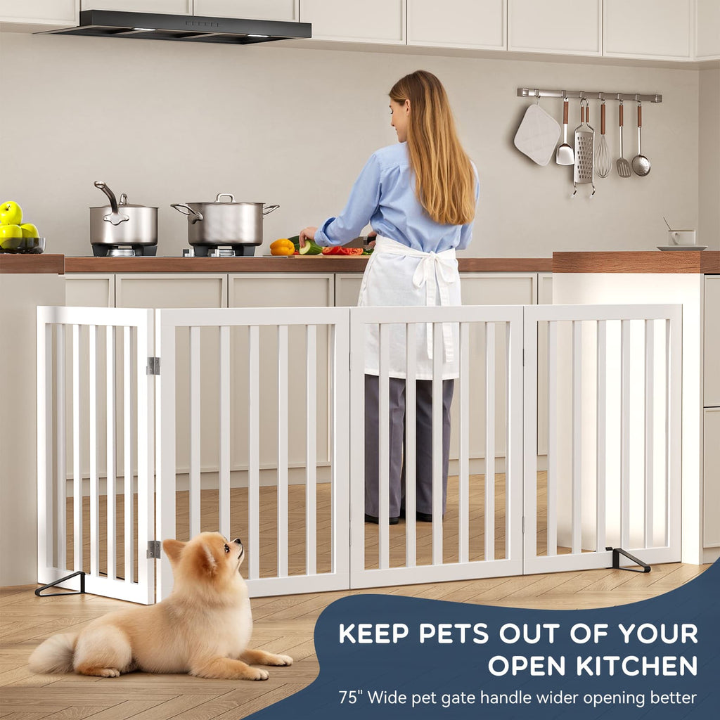 Bamboo Freestanding Dog Gate, No Assembly Pet Gate Indoor, 24”H x 75”W Extra Wide Foldable Puppy Barrier Fence with Support Feet for the House, Doorways Stairs, 4 Panels, No Drilling
