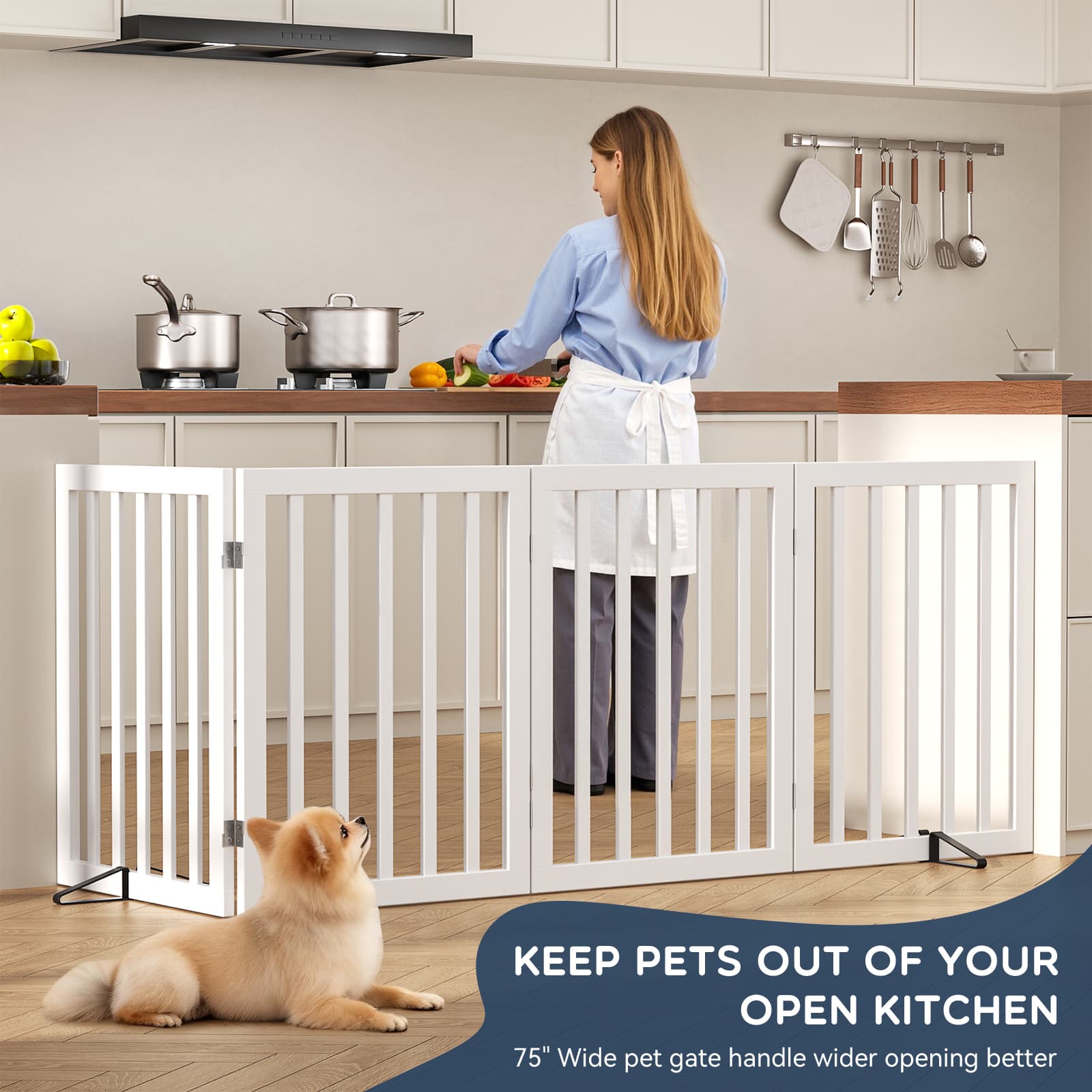 Bamboo Freestanding Dog Gate, No Assembly Pet Gate Indoor, 24”H x 75”W Extra Wide Foldable Puppy Barrier Fence with Support Feet for the House, Doorways Stairs, 4 Panels, No Drilling