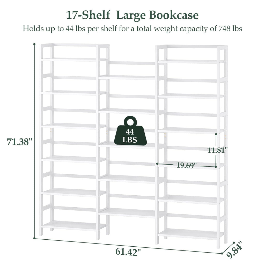 Bamboo Bookshelf, 71” Tall Triple Wide Bookcase with 17 Open Storage Shelves, 6-Tier Etagere with Back Rails, Large Display Shelf for Books, Plants, Home Office, Living Room, Max Load 748LBS