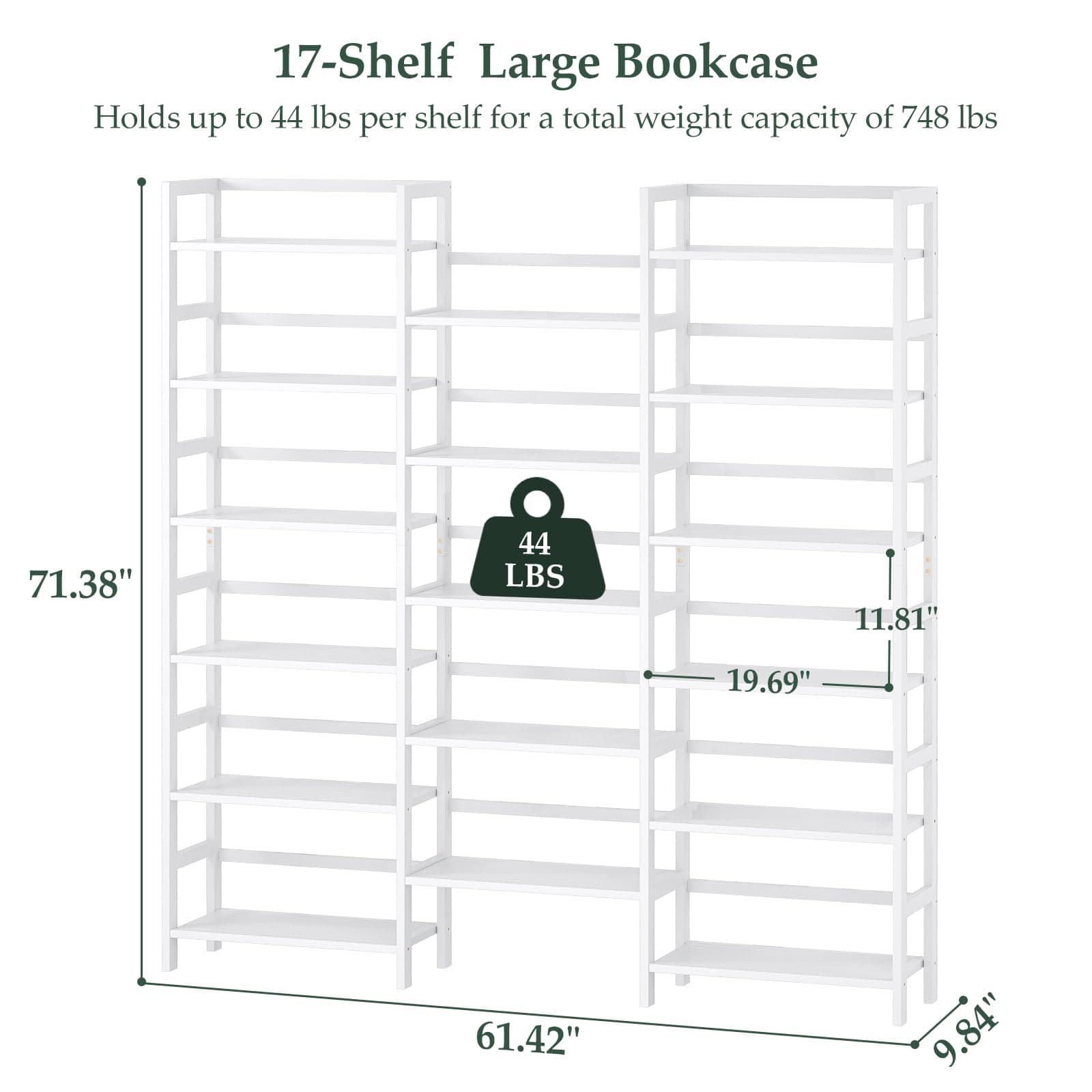 Bamboo Bookshelf, 71” Tall Triple Wide Bookcase with 17 Open Storage Shelves, 6-Tier Etagere with Back Rails, Large Display Shelf for Books, Plants, Home Office, Living Room, Max Load 748LBS