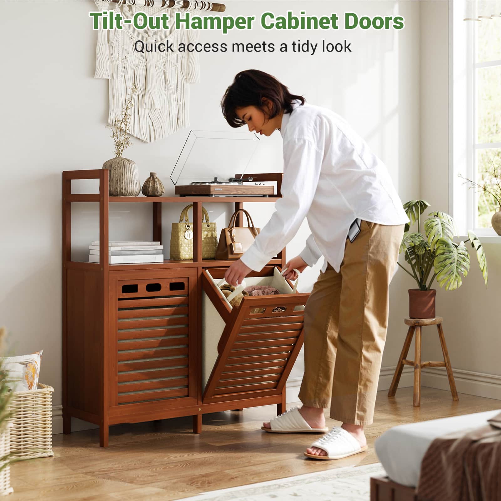 Tilt Out Laundry Hamper Cabinet, Bamboo Double Laundry Hamper