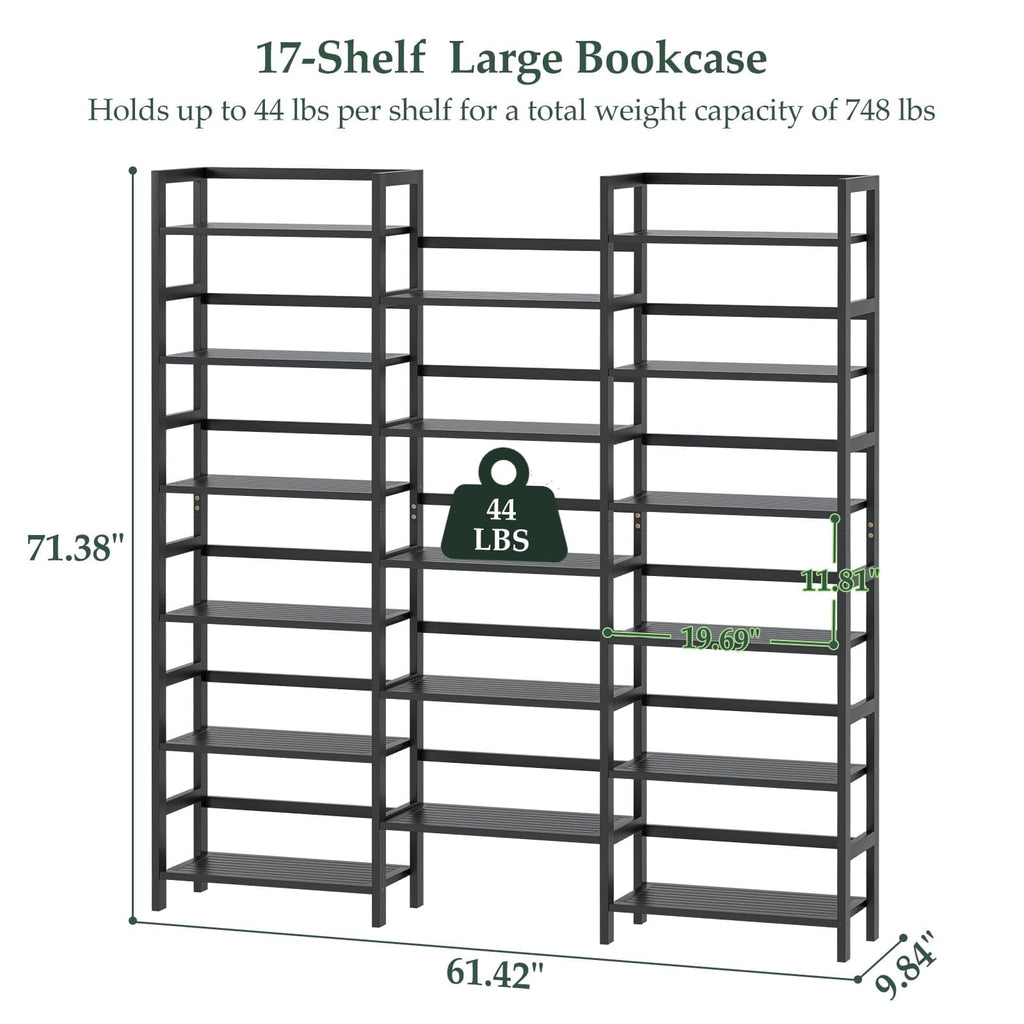 Bamboo Bookshelf, 71” Tall Triple Wide Bookcase with 17 Open Storage Shelves, 6-Tier Etagere with Back Rails, Large Display Shelf for Books, Plants, Home Office, Living Room, Max Load 748LBS