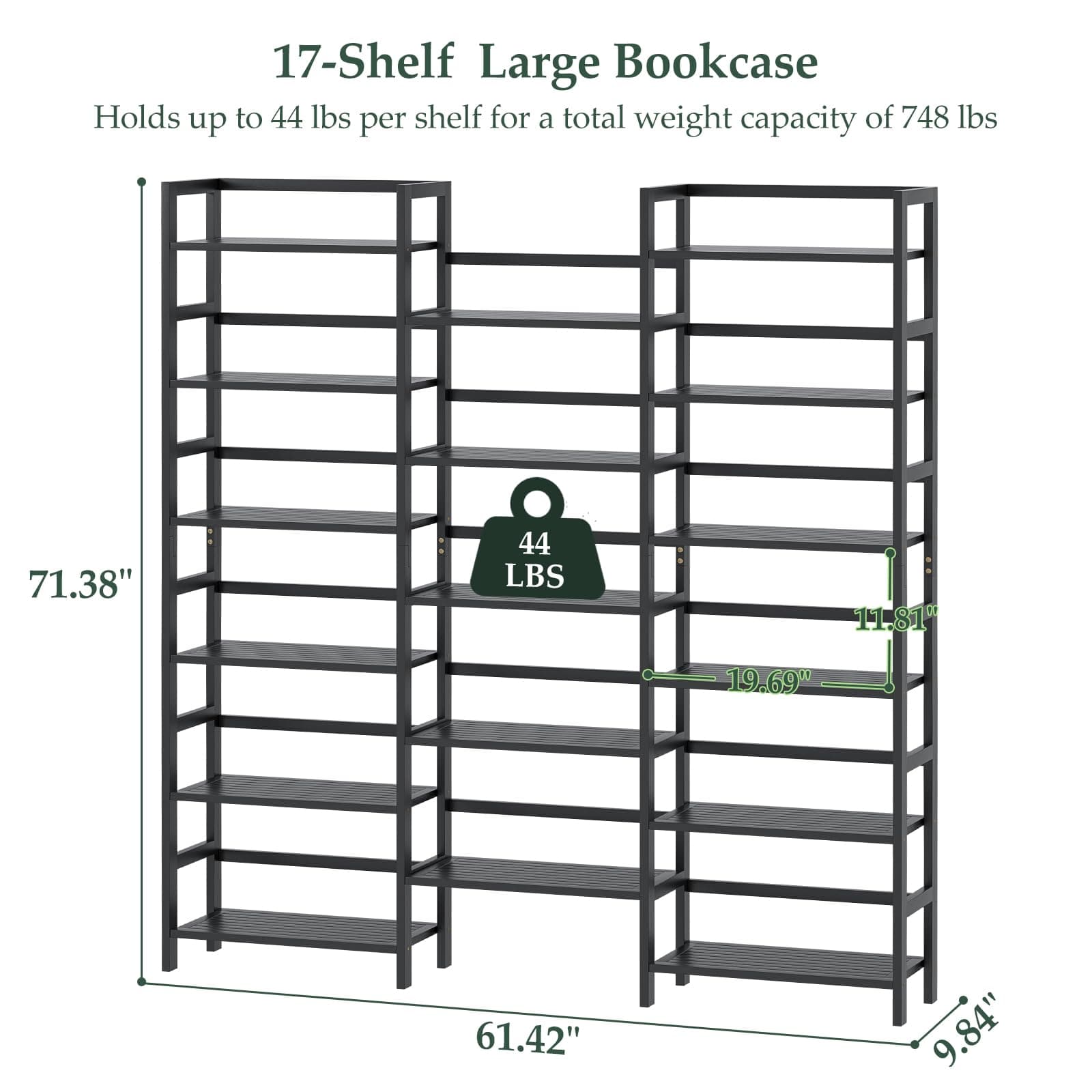 Bamboo Bookshelf, 71” Tall Triple Wide Bookcase with 17 Open Storage Shelves, 6-Tier Etagere with Back Rails, Large Display Shelf for Books, Plants, Home Office, Living Room, Max Load 748LBS