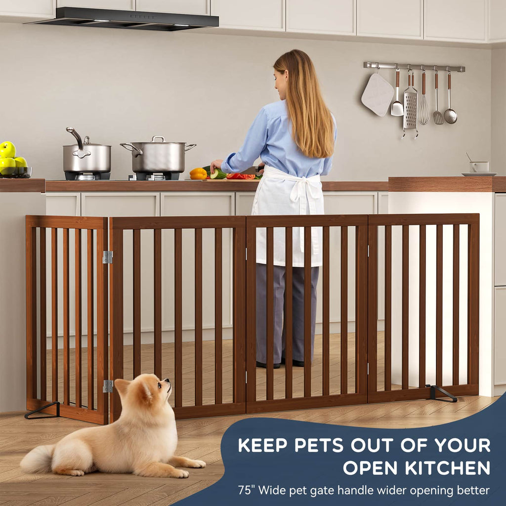 Bamboo Freestanding Dog Gate, No Assembly Pet Gate Indoor, 24”H x 75”W Extra Wide Foldable Puppy Barrier Fence with Support Feet for the House, Doorways Stairs, 4 Panels, No Drilling