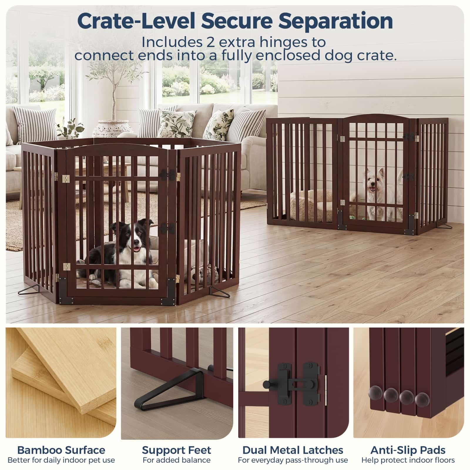Dog Gate Indoor, 142" W x 30" H Extra Wide Foldable Bamboo Pet Gate with Door, No Assembly Freestanding Dog Fence with 2 Support Feet & 360°Hinges for Doorways Hallways (6 Panels)