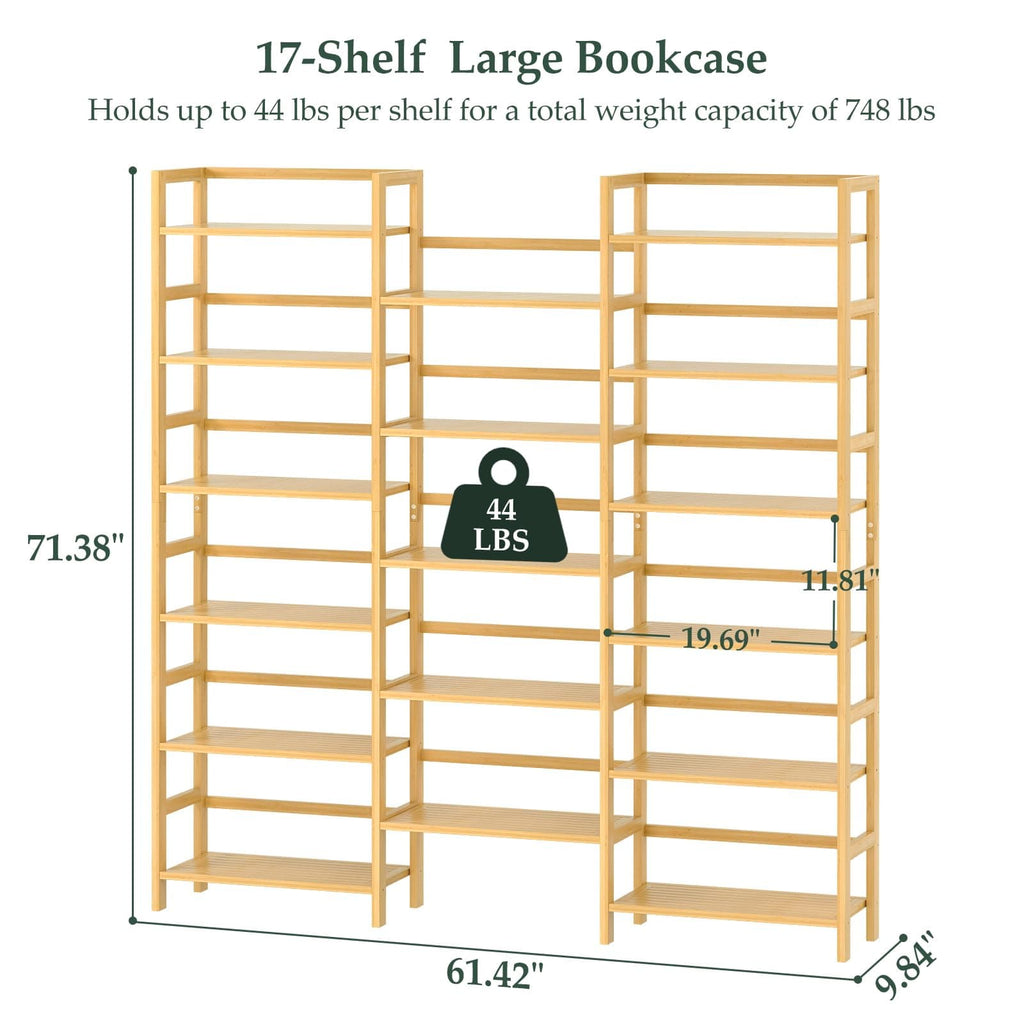 Bamboo Bookshelf, 71” Tall Triple Wide Bookcase with 17 Open Storage Shelves, 6-Tier Etagere with Back Rails, Large Display Shelf for Books, Plants, Home Office, Living Room, Max Load 748LBS