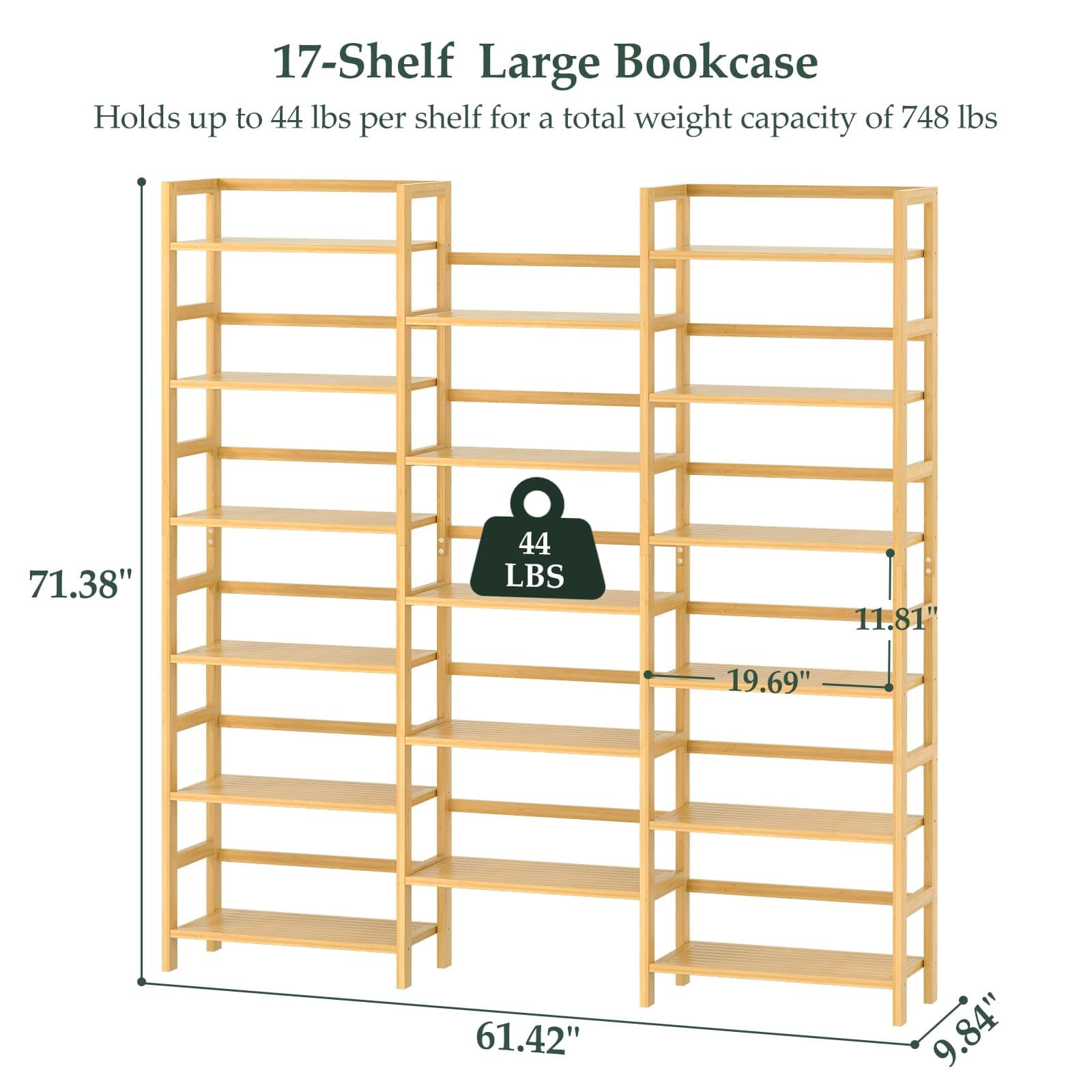 Bamboo Bookshelf, 71” Tall Triple Wide Bookcase with 17 Open Storage Shelves, 6-Tier Etagere with Back Rails, Large Display Shelf for Books, Plants, Home Office, Living Room, Max Load 748LBS