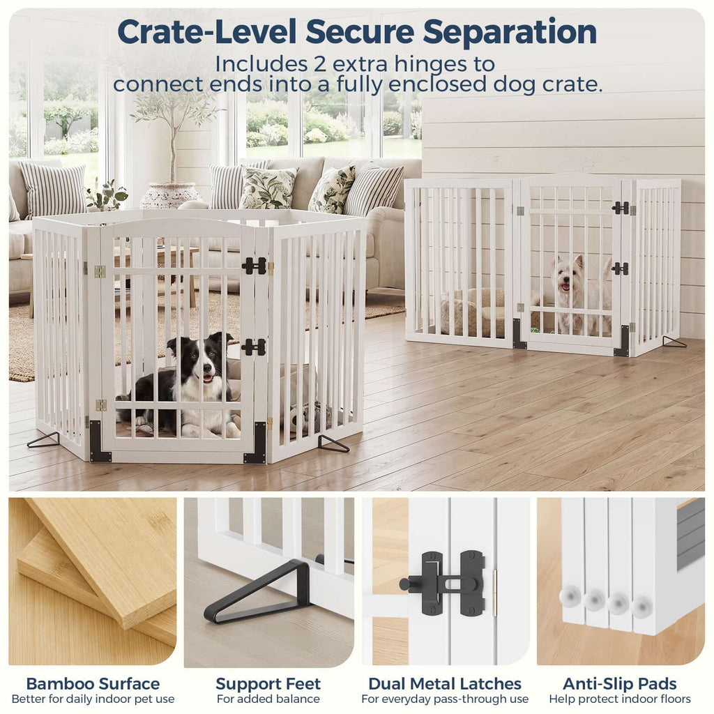 Dog Gate Indoor, 94.5" W x 30" H Extra Wide Foldable Bamboo Pet Gate with Door, No Assembly Freestanding Dog Fence with 2 Support Feet & 360°Hinges for Doorways Hallways (4 Panels)