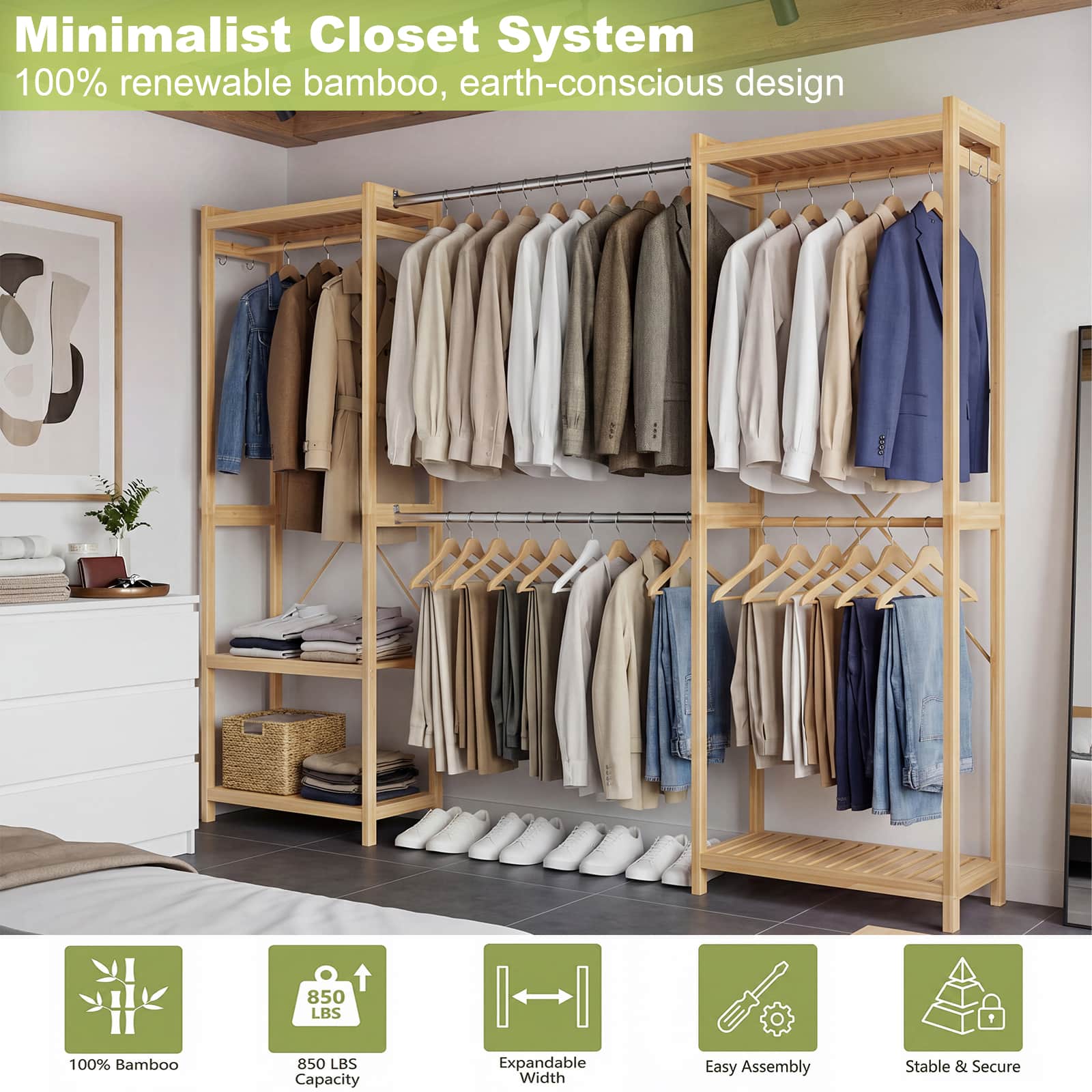 Bamboo Closet System, 71"-91" Expandable Clothing Rack
