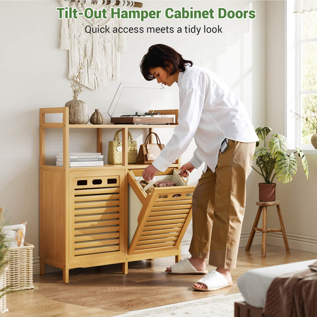 Tilt Out Laundry Hamper Cabinet, Bamboo Double Laundry Hamper