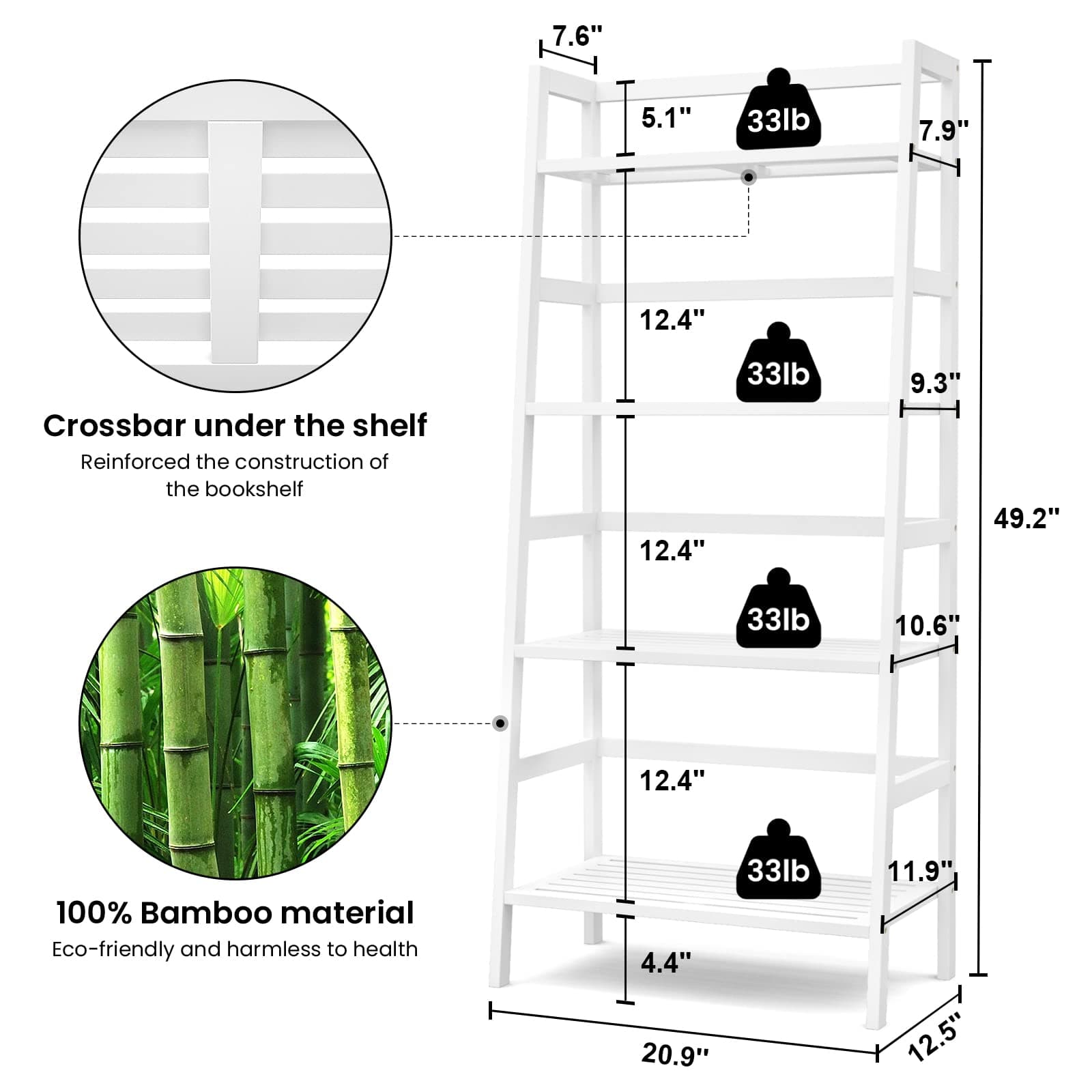 4-Tier Bamboo Ladder Bookshelf Small Bookcase, 49” Tall Open Display Shelves