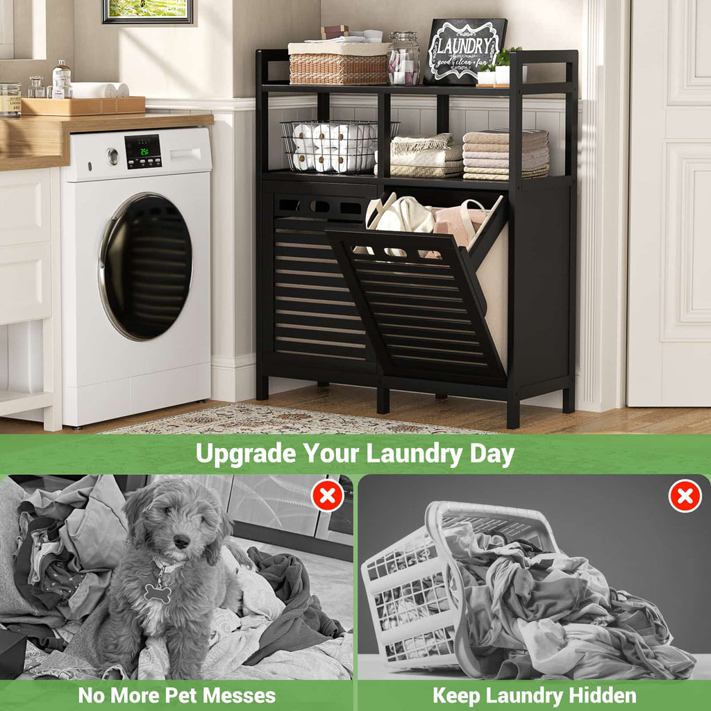 Tilt Out Laundry Hamper Cabinet, Bamboo Double Laundry Hamper