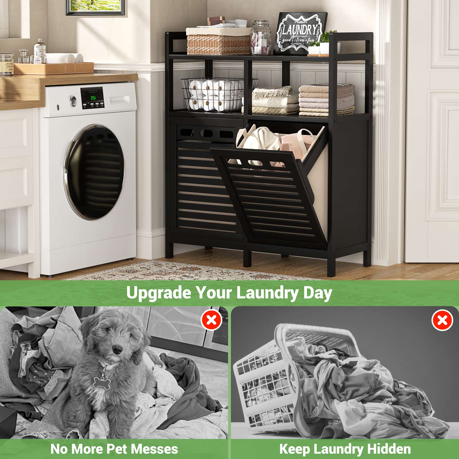 Tilt Out Laundry Hamper Cabinet, Bamboo Double Laundry Hamper