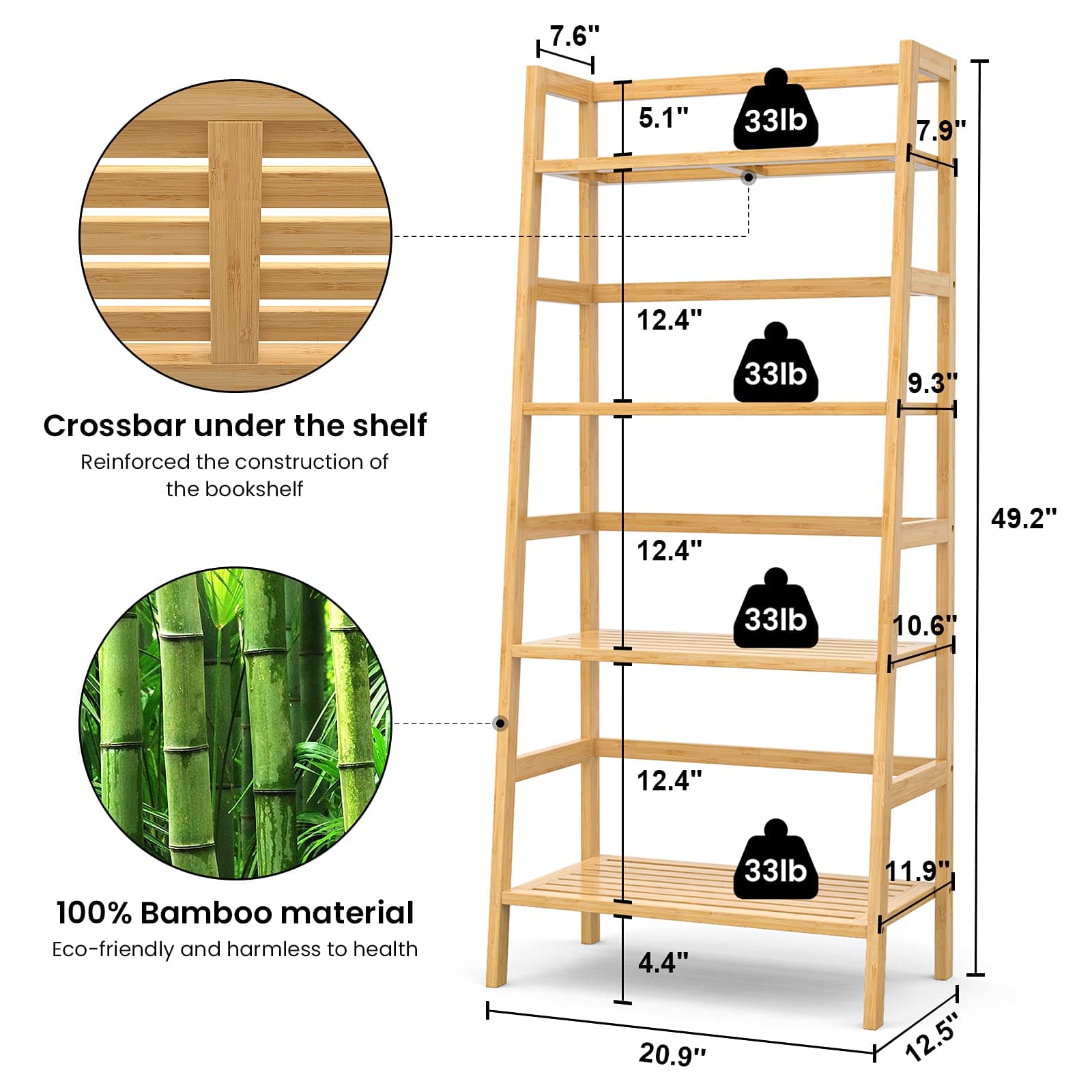 4-Tier Bamboo Ladder Bookshelf Small Bookcase, 49” Tall Open Display Shelves