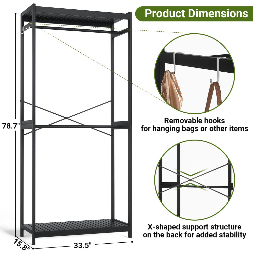 Bamboo Clothes Rack with Shelves and Double Hang Rods, Portable Closet System Garment Rack for Hanging Clothes, Tall Clothing Rack Corner Closet Organizer, Easy to Built, Freestanding