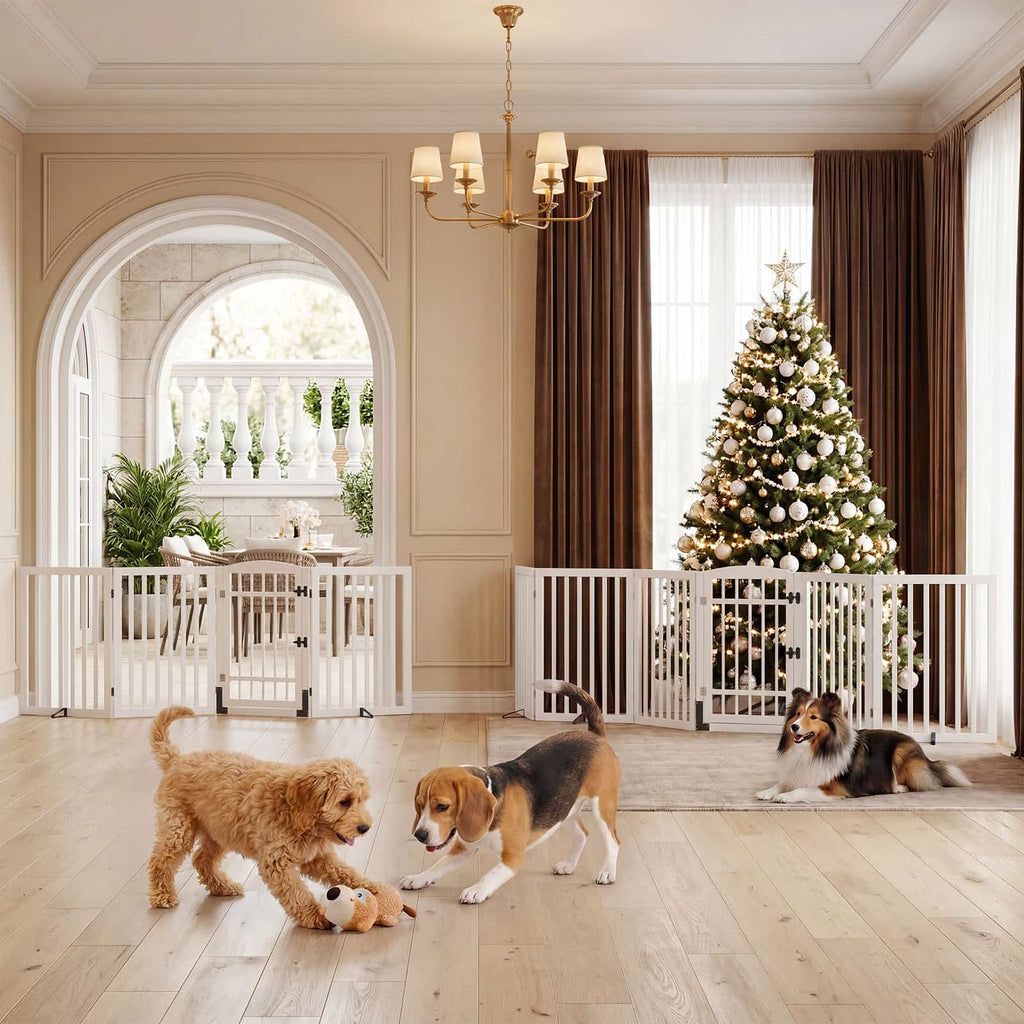 Dog Gate Indoor, 142" W x 30" H Extra Wide Foldable Bamboo Pet Gate with Door, No Assembly Freestanding Dog Fence with 2 Support Feet & 360°Hinges for Doorways Hallways (6 Panels)