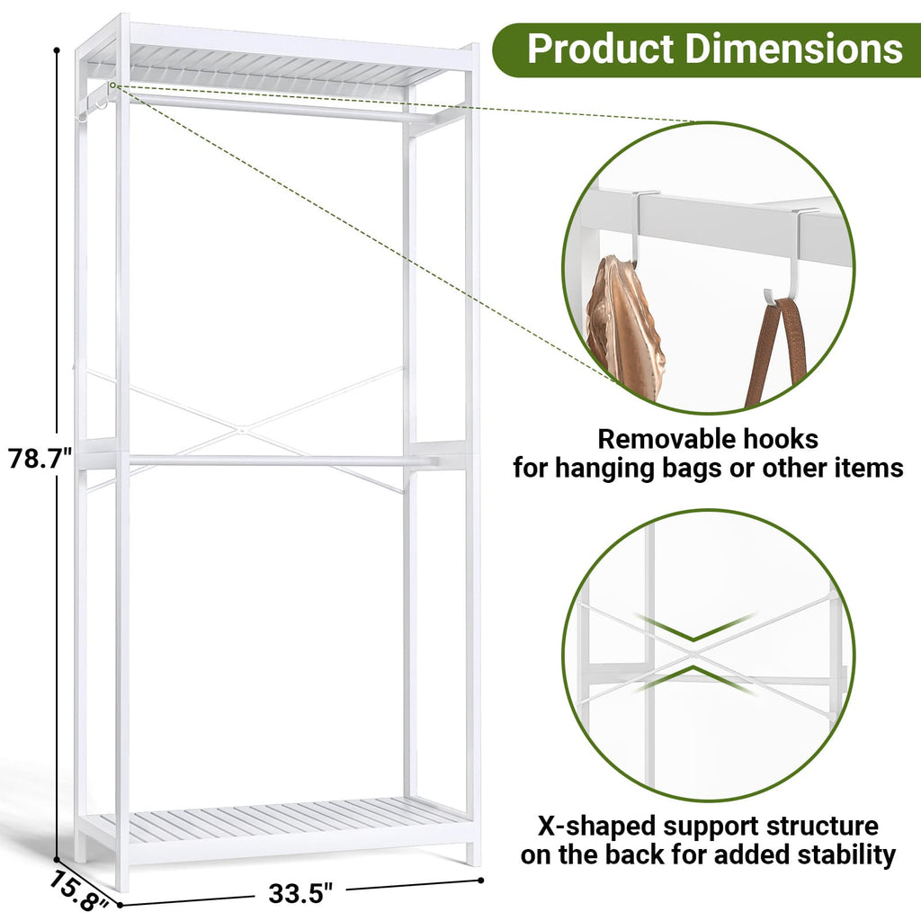 Bamboo Clothes Rack with Shelves and Double Hang Rods, Portable Closet System Garment Rack for Hanging Clothes, Tall Clothing Rack Corner Closet Organizer, Easy to Built, Freestanding