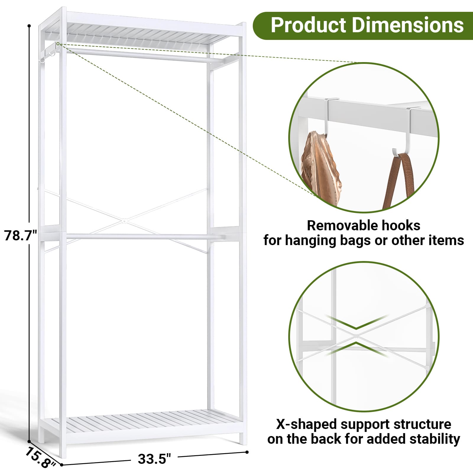 Bamboo Clothes Rack with Shelves and Double Hang Rods, Portable Closet System Garment Rack for Hanging Clothes, Tall Clothing Rack Corner Closet Organizer, Easy to Built, Freestanding