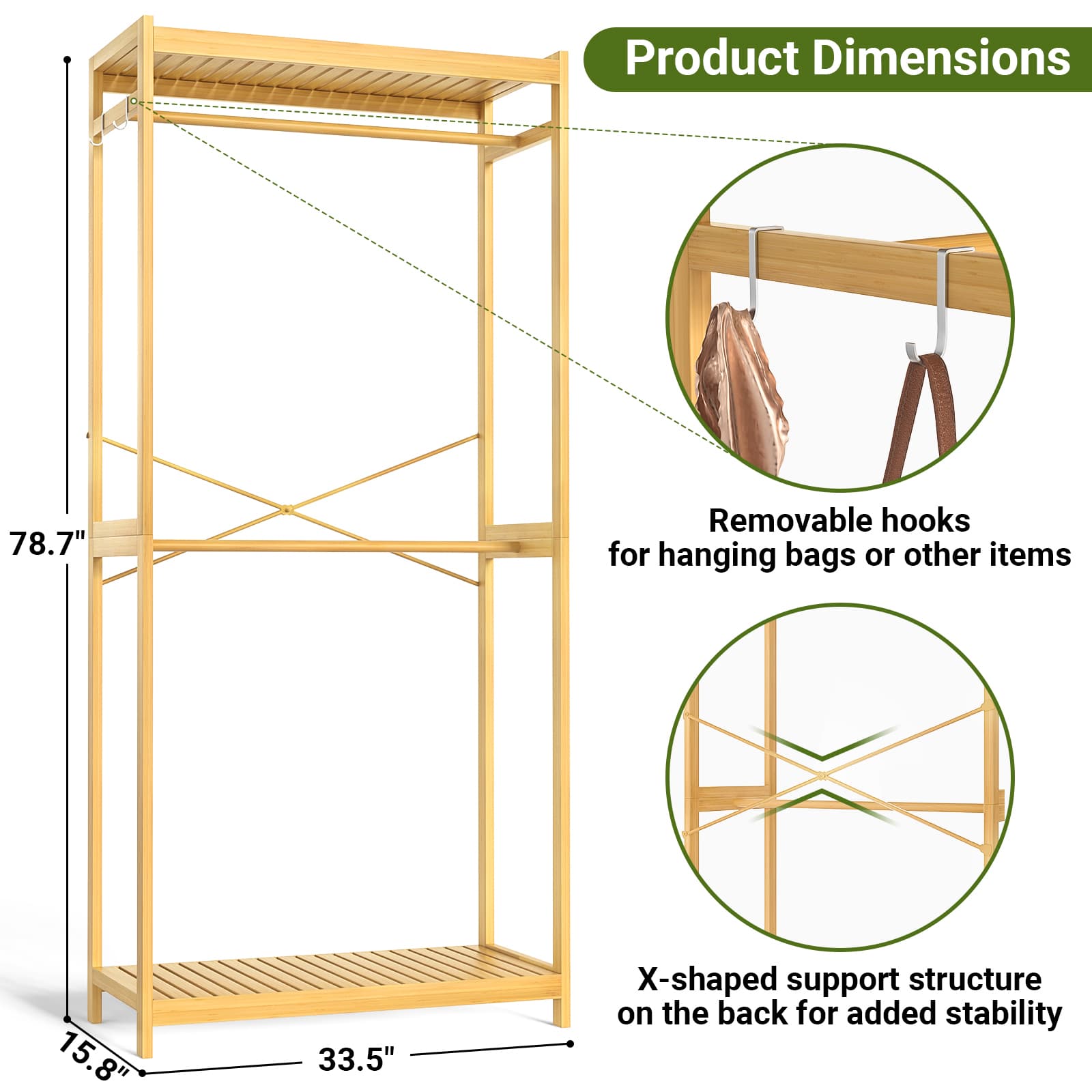Bamboo Clothes Rack with Shelves and Double Hang Rods, Portable Closet System Garment Rack for Hanging Clothes, Tall Clothing Rack Corner Closet Organizer, Easy to Built, Freestanding