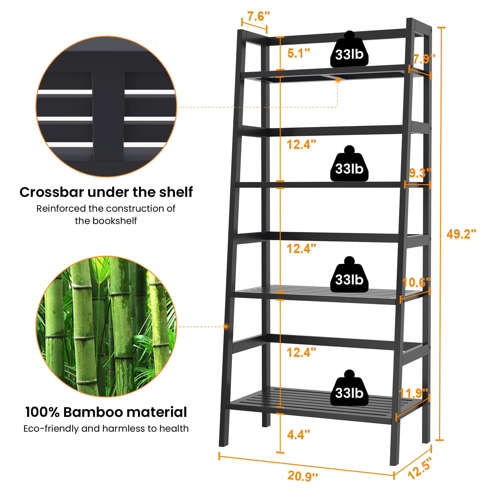 4-Tier Bamboo Ladder Bookshelf Small Bookcase, 49” Tall Open Display Shelves