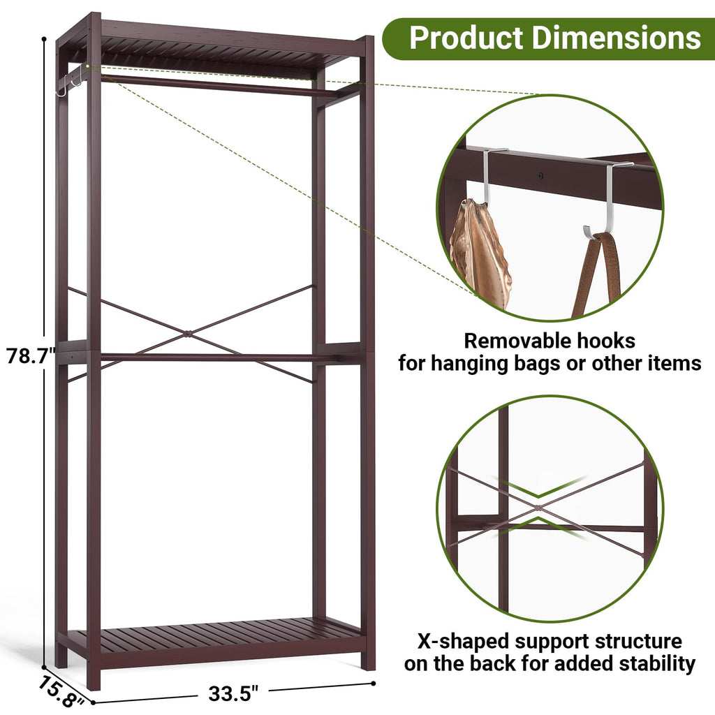 Bamboo Clothes Rack with Shelves and Double Hang Rods, Portable Closet System Garment Rack for Hanging Clothes, Tall Clothing Rack Corner Closet Organizer, Easy to Built, Freestanding