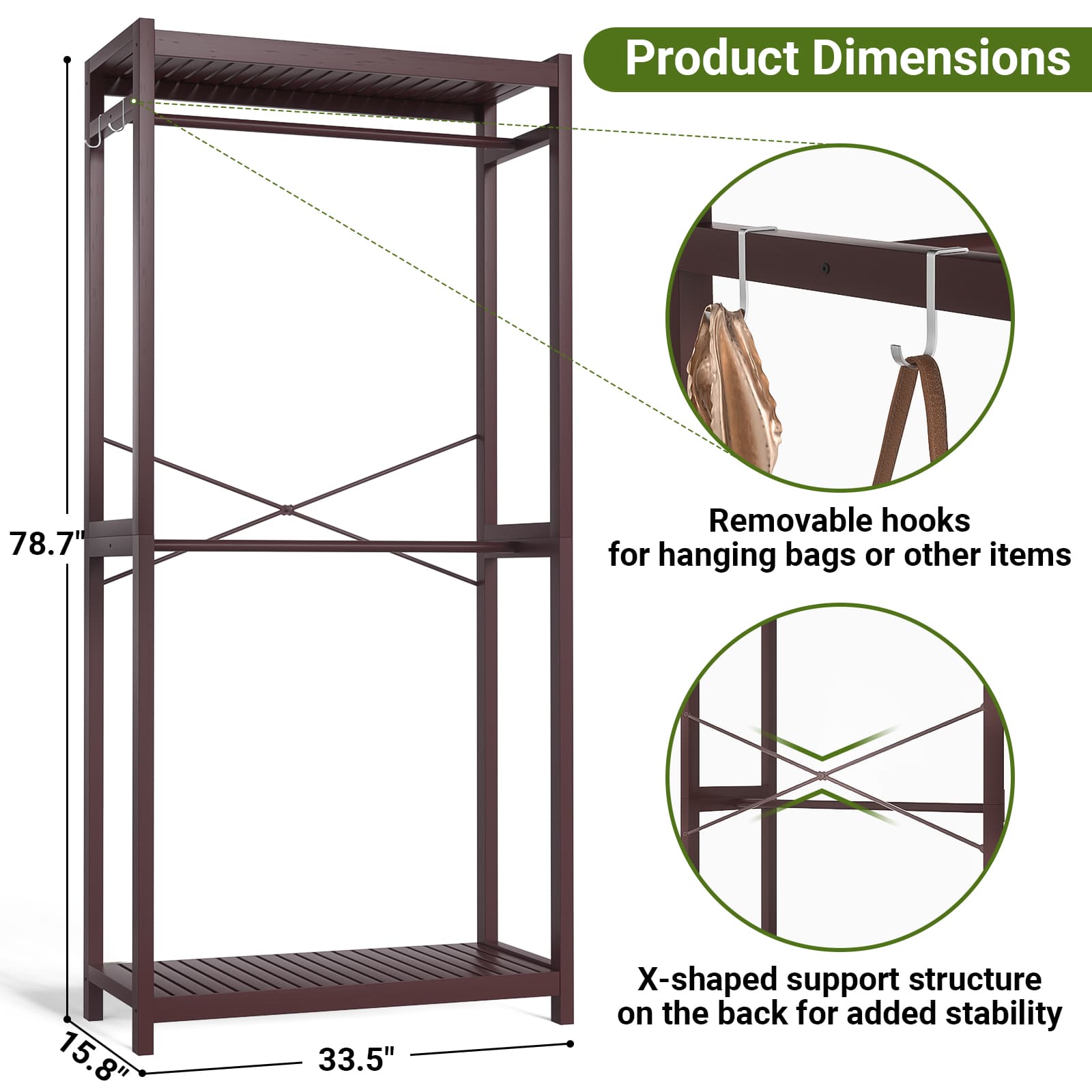 Bamboo Clothes Rack with Shelves and Double Hang Rods, Portable Closet System Garment Rack for Hanging Clothes, Tall Clothing Rack Corner Closet Organizer, Easy to Built, Freestanding