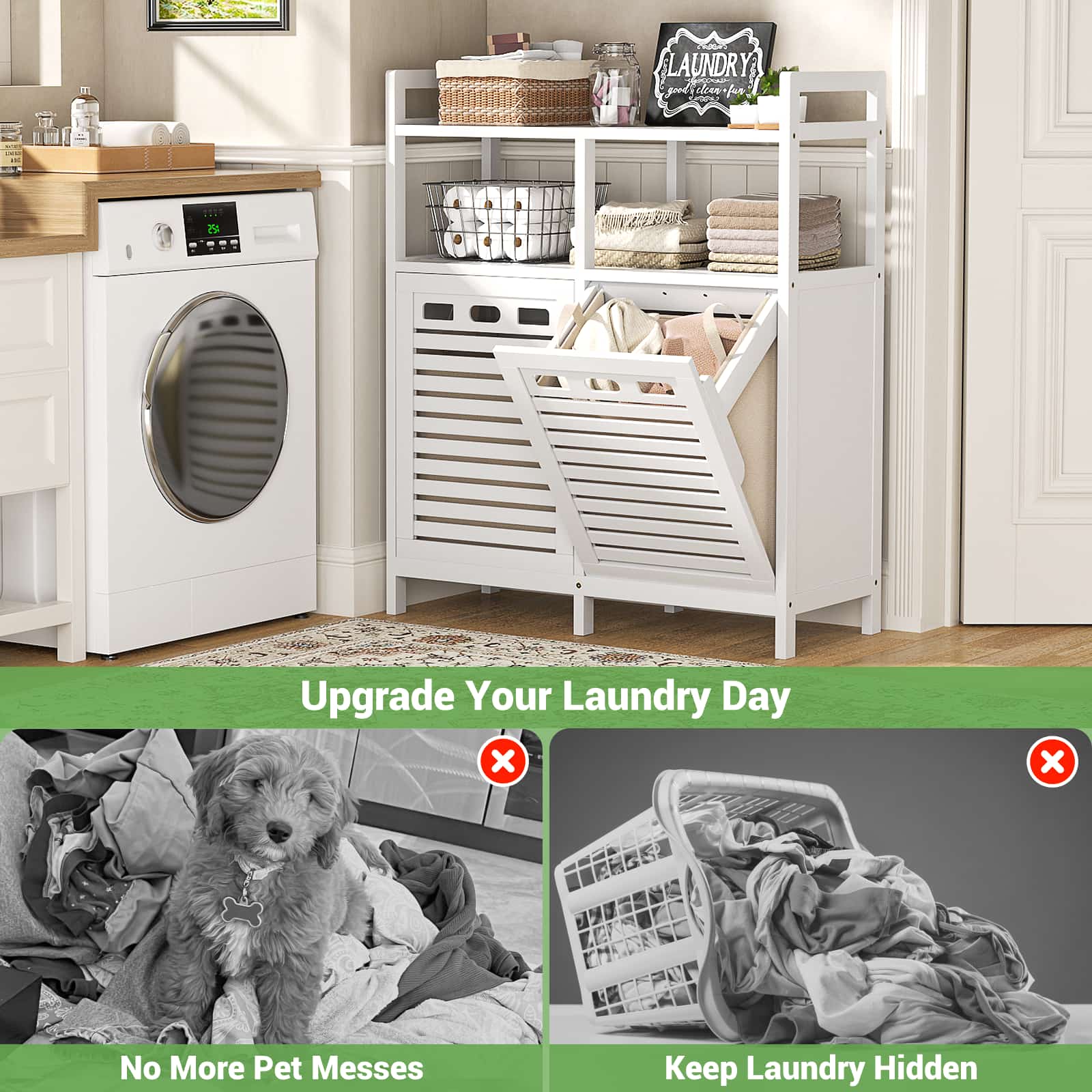 Tilt Out Laundry Hamper Cabinet, Bamboo Double Laundry Hamper