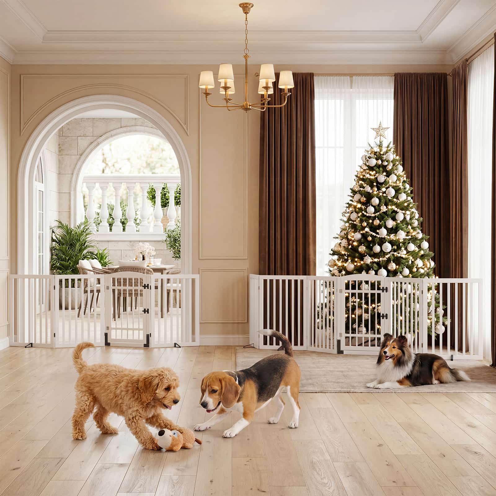 Dog Gate Indoor, 94.5" W x 30" H Extra Wide Foldable Bamboo Pet Gate with Door, No Assembly Freestanding Dog Fence with 2 Support Feet & 360°Hinges for Doorways Hallways (4 Panels)