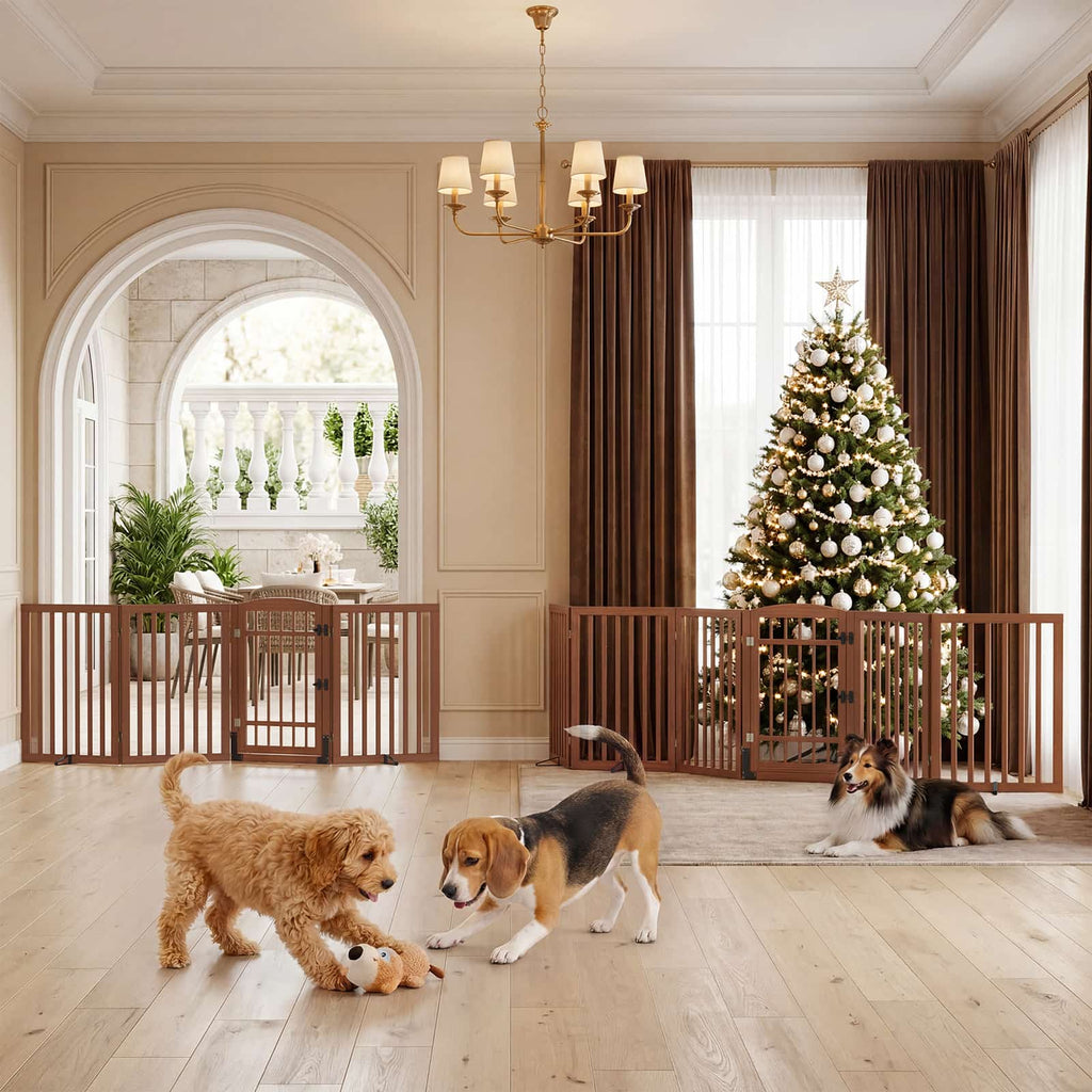 Dog Gate Indoor, 94.5" W x 30" H Extra Wide Foldable Bamboo Pet Gate with Door, No Assembly Freestanding Dog Fence with 2 Support Feet & 360°Hinges for Doorways Hallways (4 Panels)