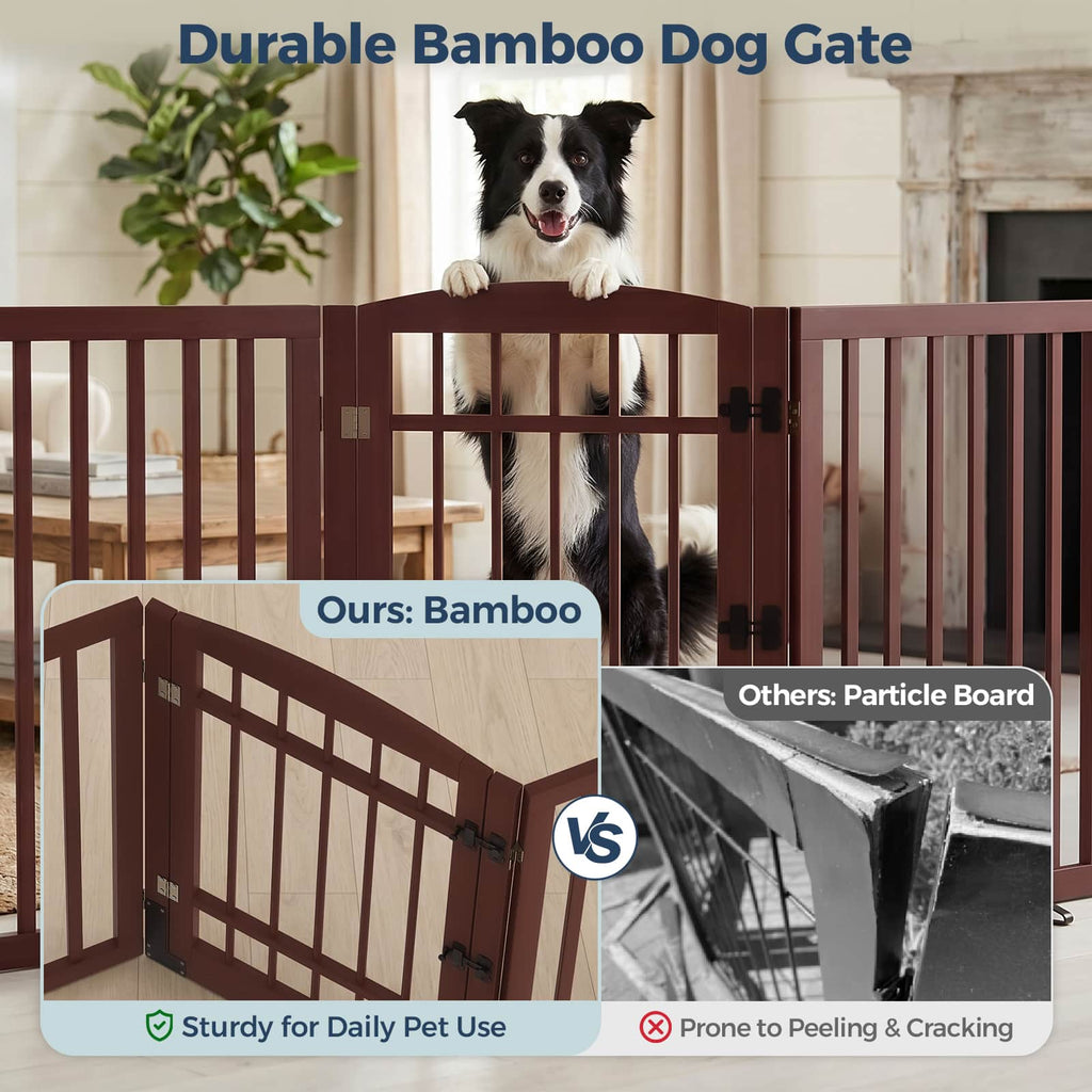 Dog Gate Indoor, 142" W x 30" H Extra Wide Foldable Bamboo Pet Gate with Door, No Assembly Freestanding Dog Fence with 2 Support Feet & 360°Hinges for Doorways Hallways (6 Panels)