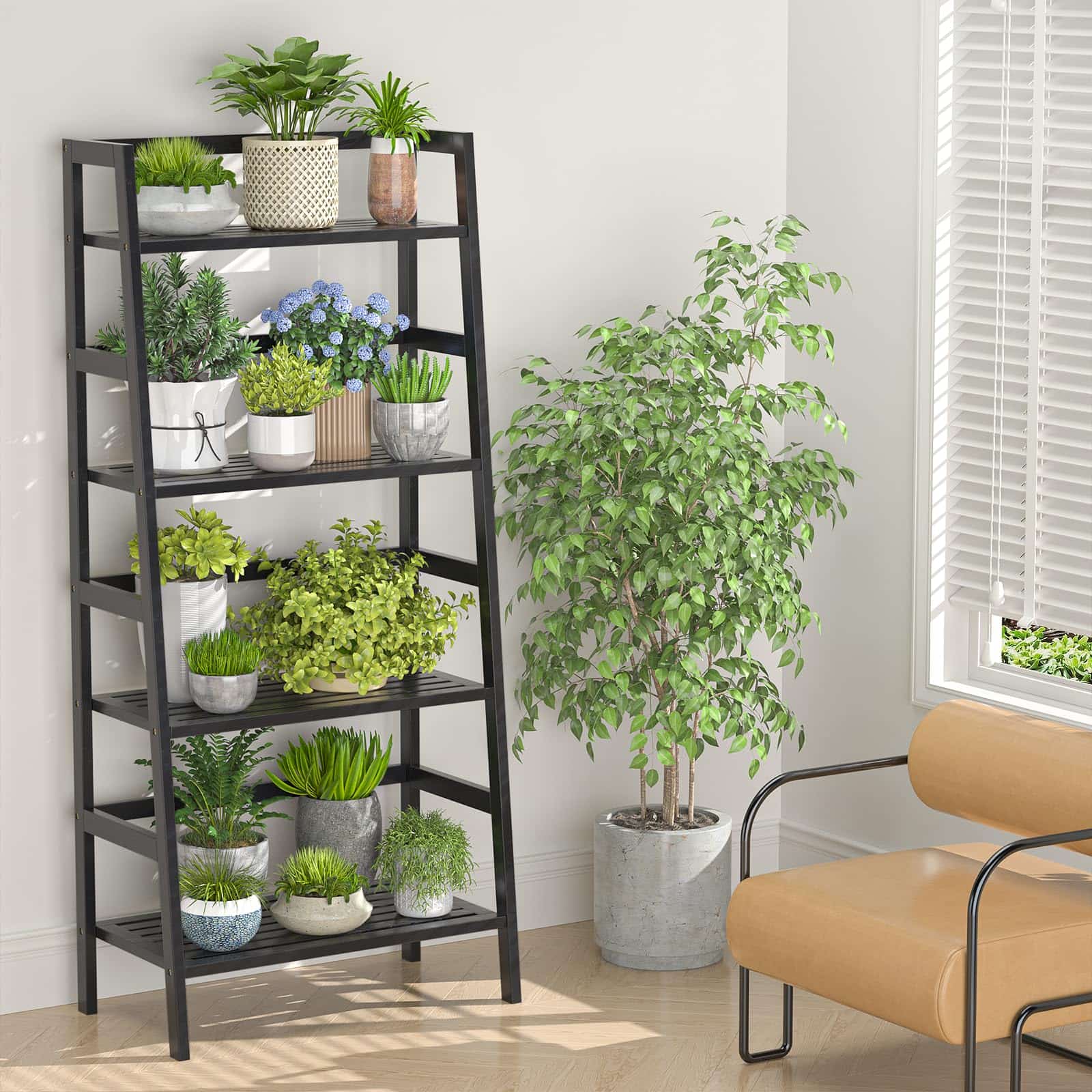 4-Tier Bamboo Ladder Bookshelf Small Bookcase, 49” Tall Open Display Shelves