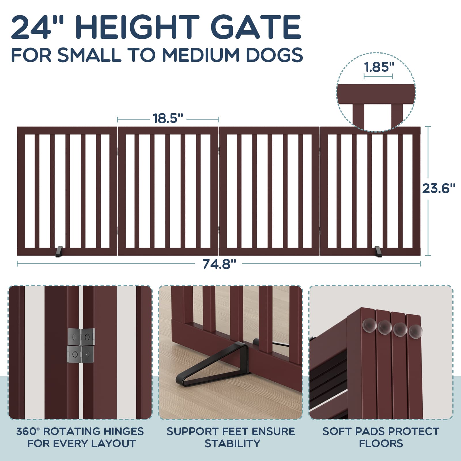 Bamboo Freestanding Dog Gate, No Assembly Pet Gate Indoor, 24”H x 75”W Extra Wide Foldable Puppy Barrier Fence with Support Feet for the House, Doorways Stairs, 4 Panels, No Drilling