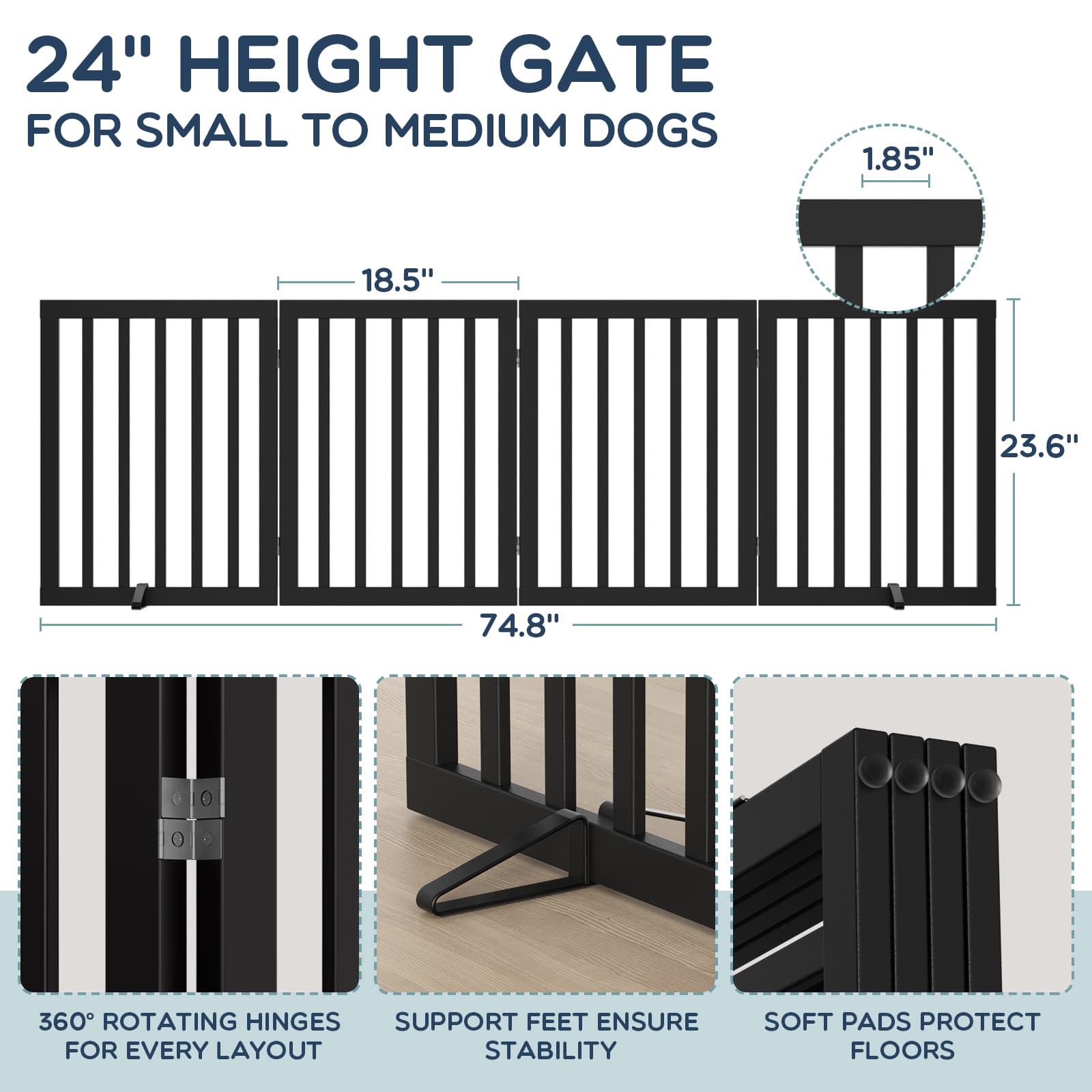 Bamboo Freestanding Dog Gate, No Assembly Pet Gate Indoor, 24”H x 75”W Extra Wide Foldable Puppy Barrier Fence with Support Feet for the House, Doorways Stairs, 4 Panels, No Drilling