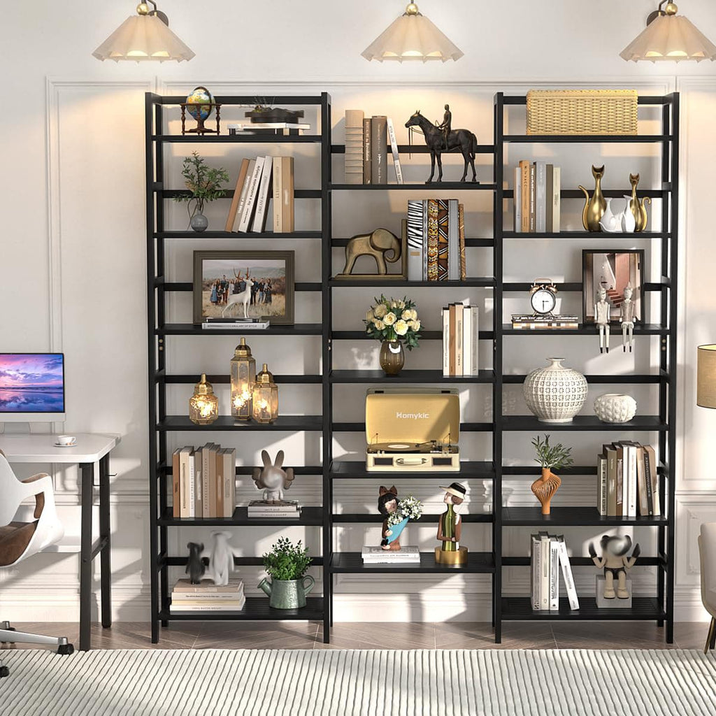 Bamboo Bookshelf, 71” Tall Triple Wide Bookcase with 17 Open Storage Shelves, 6-Tier Etagere with Back Rails, Large Display Shelf for Books, Plants, Home Office, Living Room, Max Load 748LBS