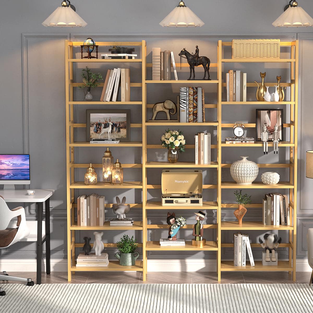 Bamboo Bookshelf, 71” Tall Triple Wide Bookcase with 17 Open Storage Shelves, 6-Tier Etagere with Back Rails, Large Display Shelf for Books, Plants, Home Office, Living Room, Max Load 748LBS