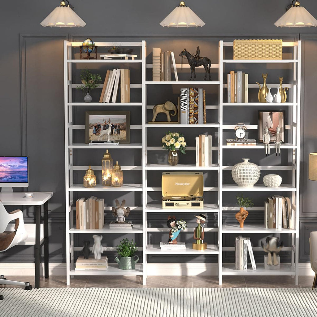 Bamboo Bookshelf, 71” Tall Triple Wide Bookcase with 17 Open Storage Shelves, 6-Tier Etagere with Back Rails, Large Display Shelf for Books, Plants, Home Office, Living Room, Max Load 748LBS