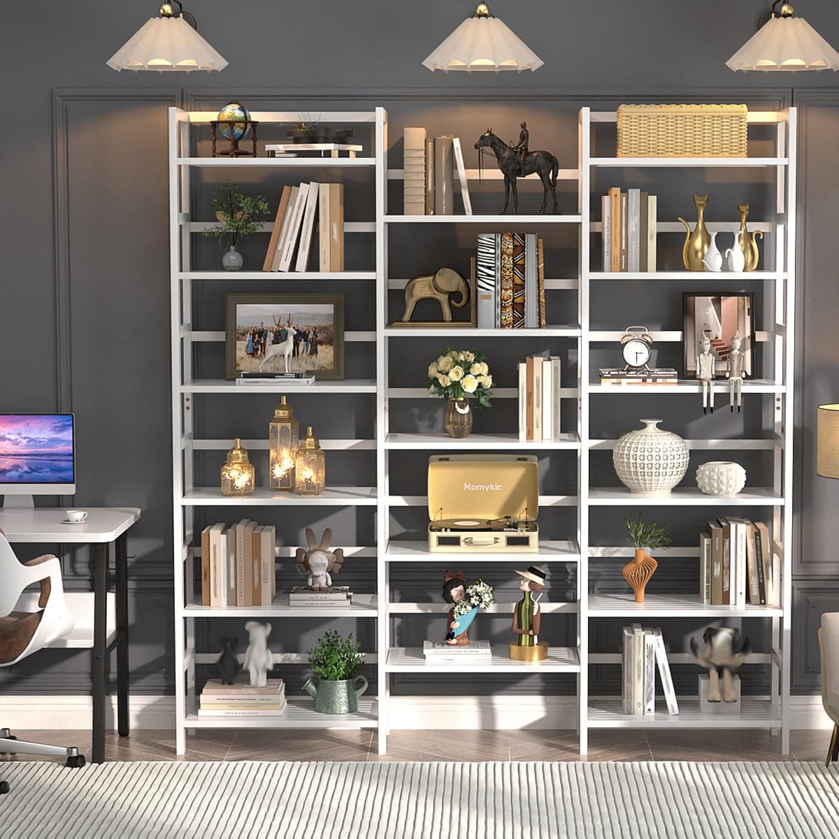Bamboo Bookshelf, 71” Tall Triple Wide Bookcase with 17 Open Storage Shelves, 6-Tier Etagere with Back Rails, Large Display Shelf for Books, Plants, Home Office, Living Room, Max Load 748LBS